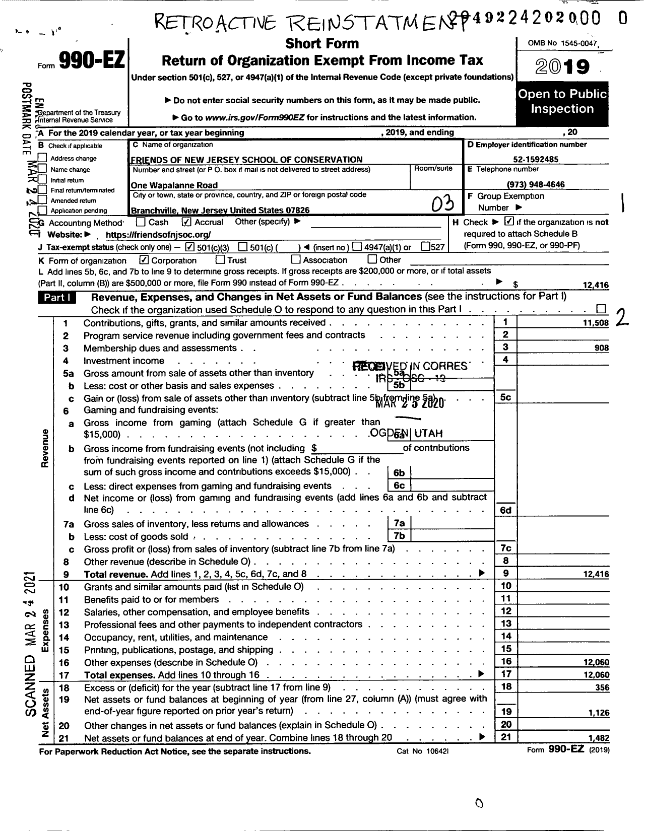 Image of first page of 2019 Form 990EZ for Friends of the New Jersey School of Conservation