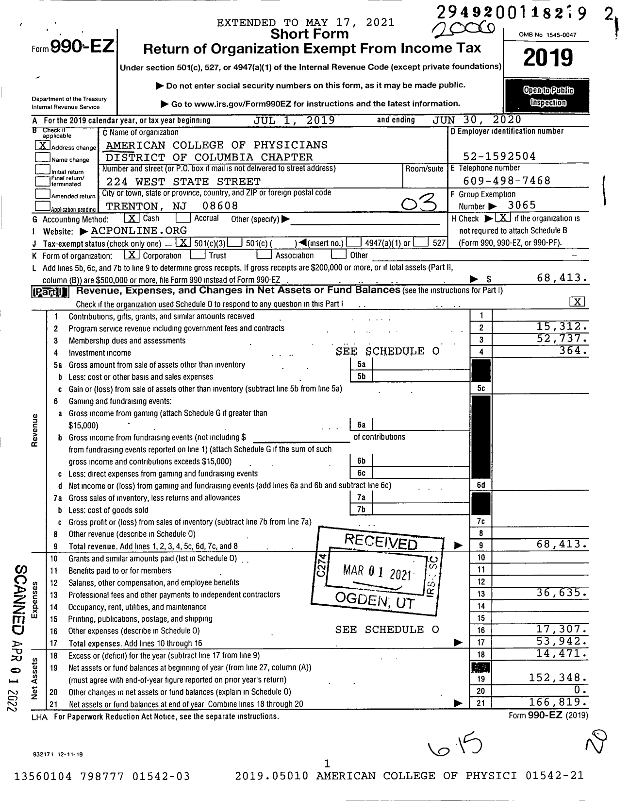 Image of first page of 2019 Form 990EZ for American College of Physicians District of Columbia Chapter