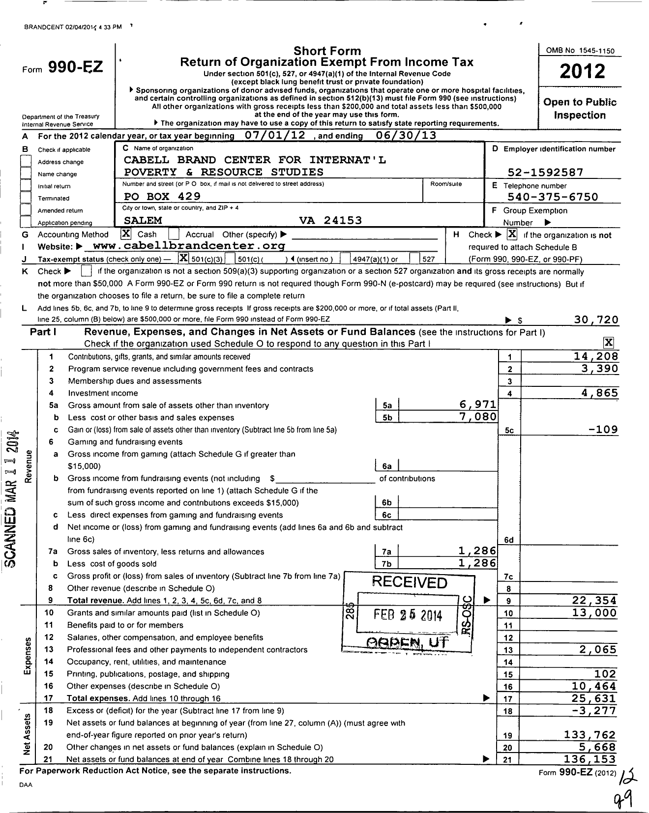 Image of first page of 2012 Form 990EZ for Cabell Brand Center for Interntl Poverty and Resource Studies