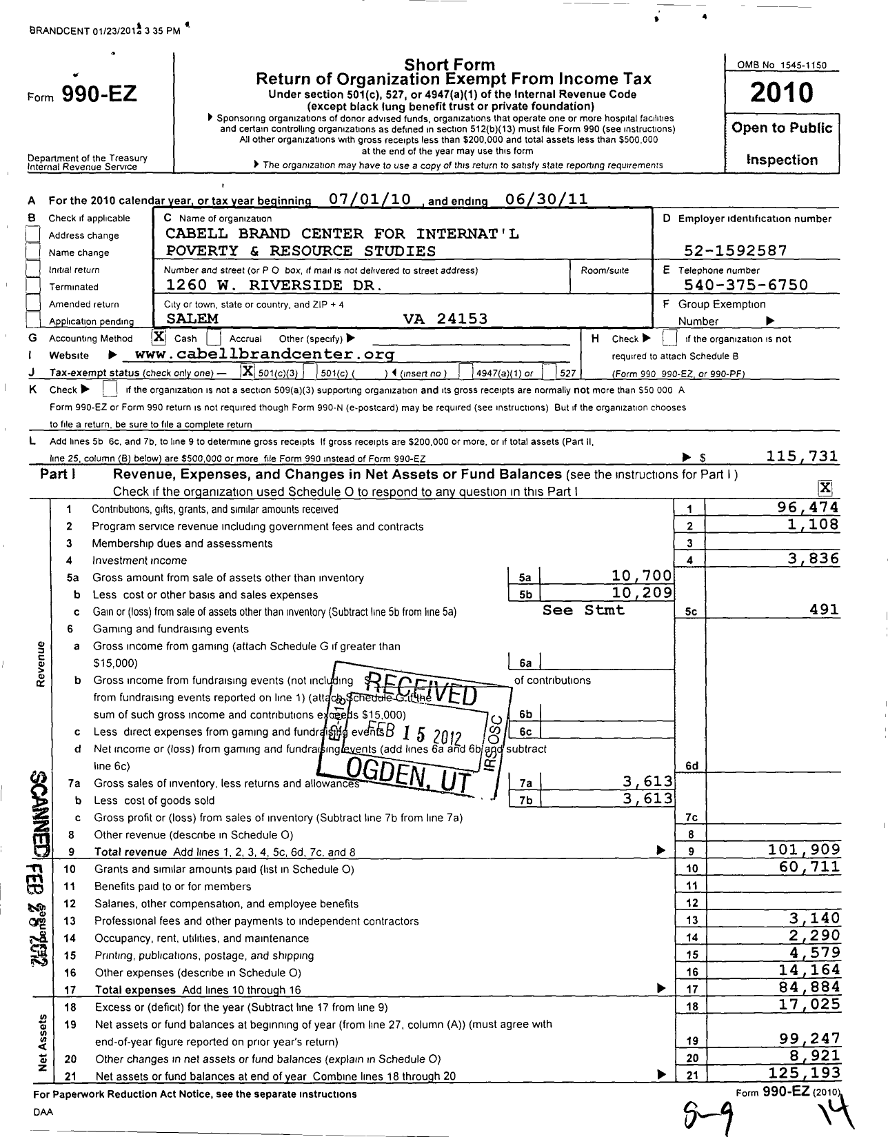 Image of first page of 2010 Form 990EZ for Cabell Brand Center for Interntl Poverty and Resource Studies