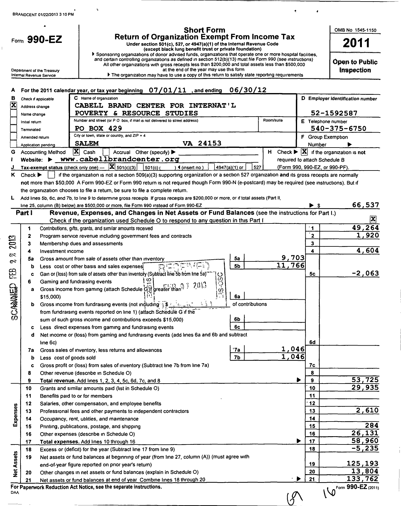 Image of first page of 2011 Form 990EZ for Cabell Brand Center for Interntl Poverty and Resource Studies