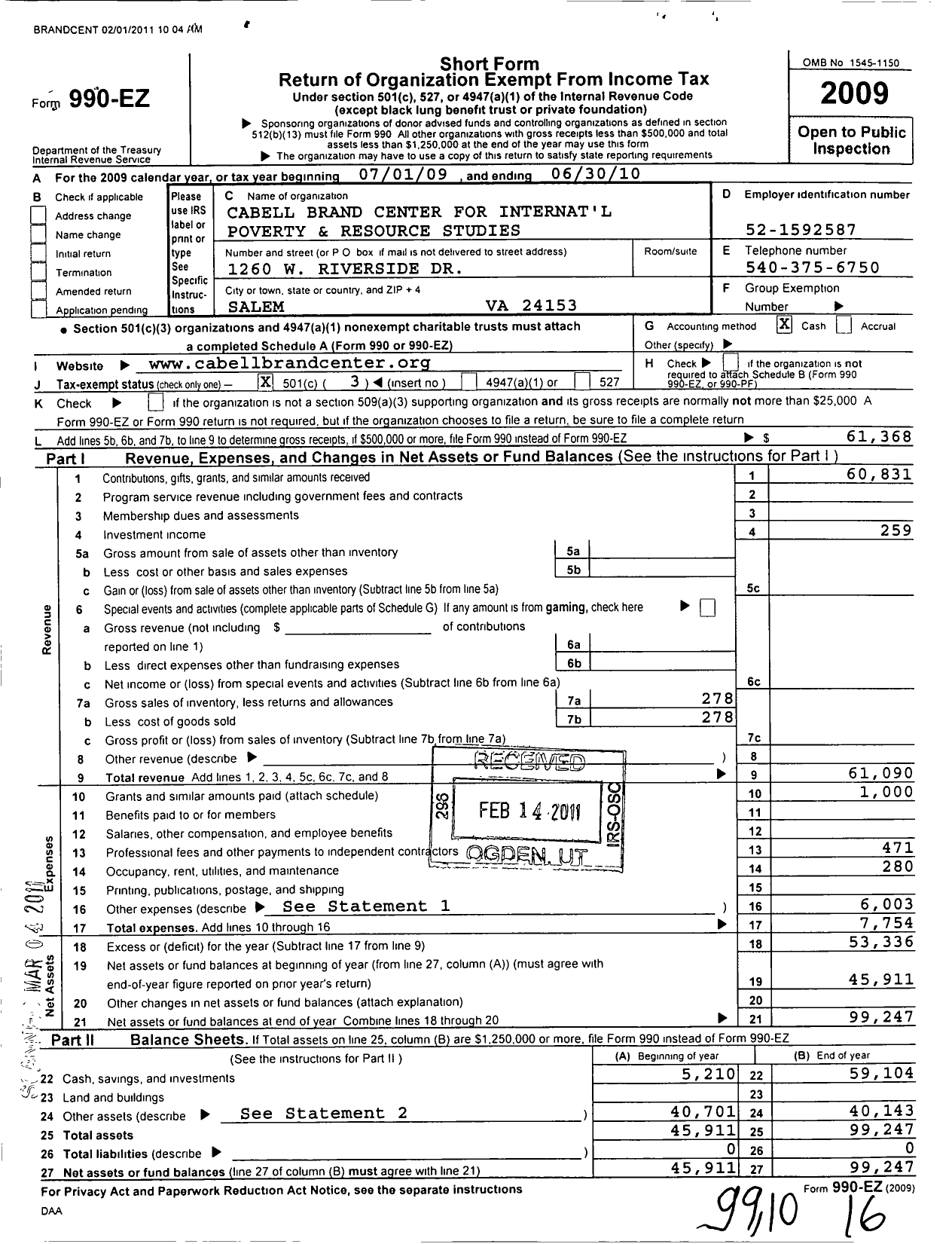 Image of first page of 2009 Form 990EZ for Cabell Brand Center for Interntl Poverty and Resource Studies