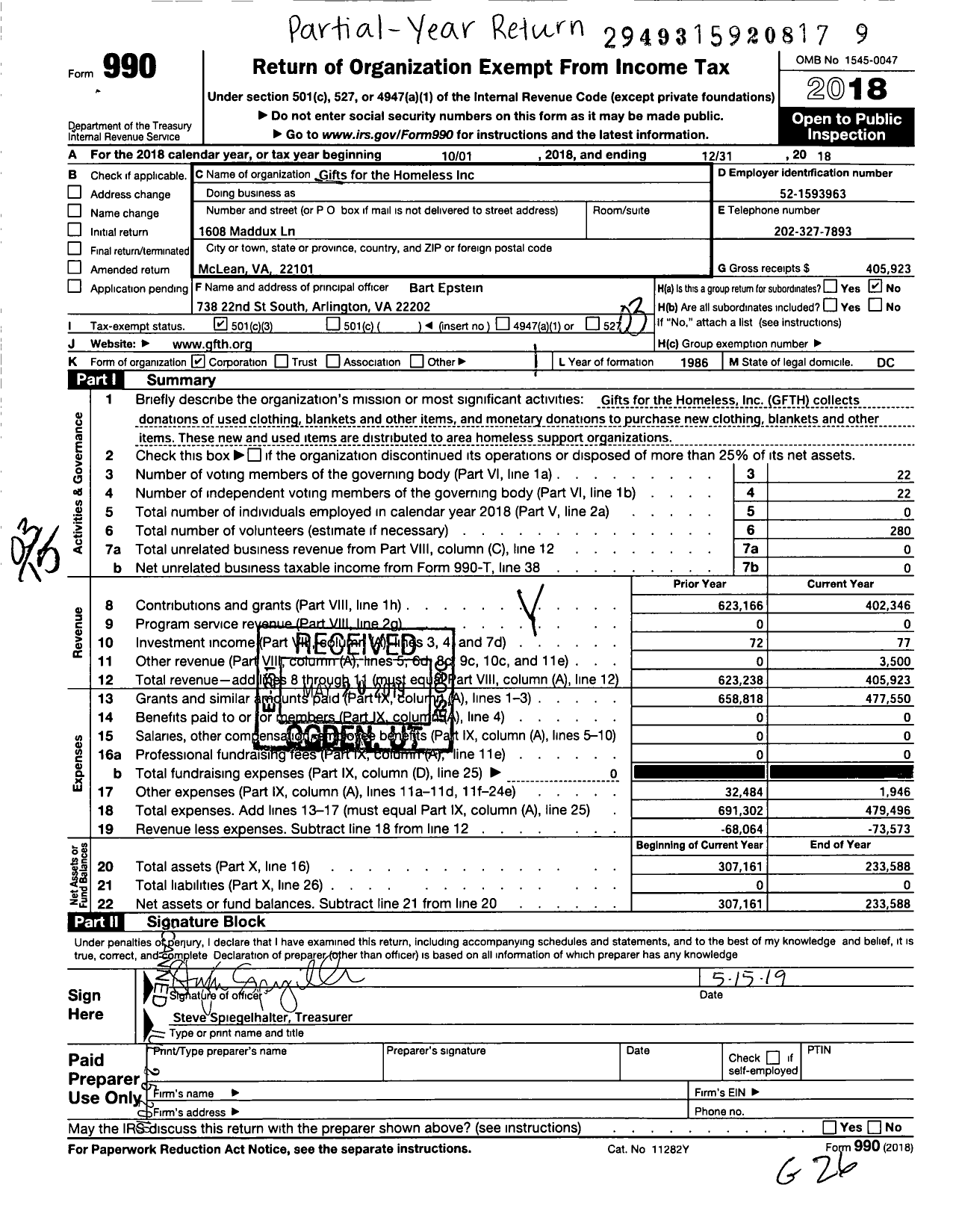 Image of first page of 2018 Form 990 for Gifts for the Homeless