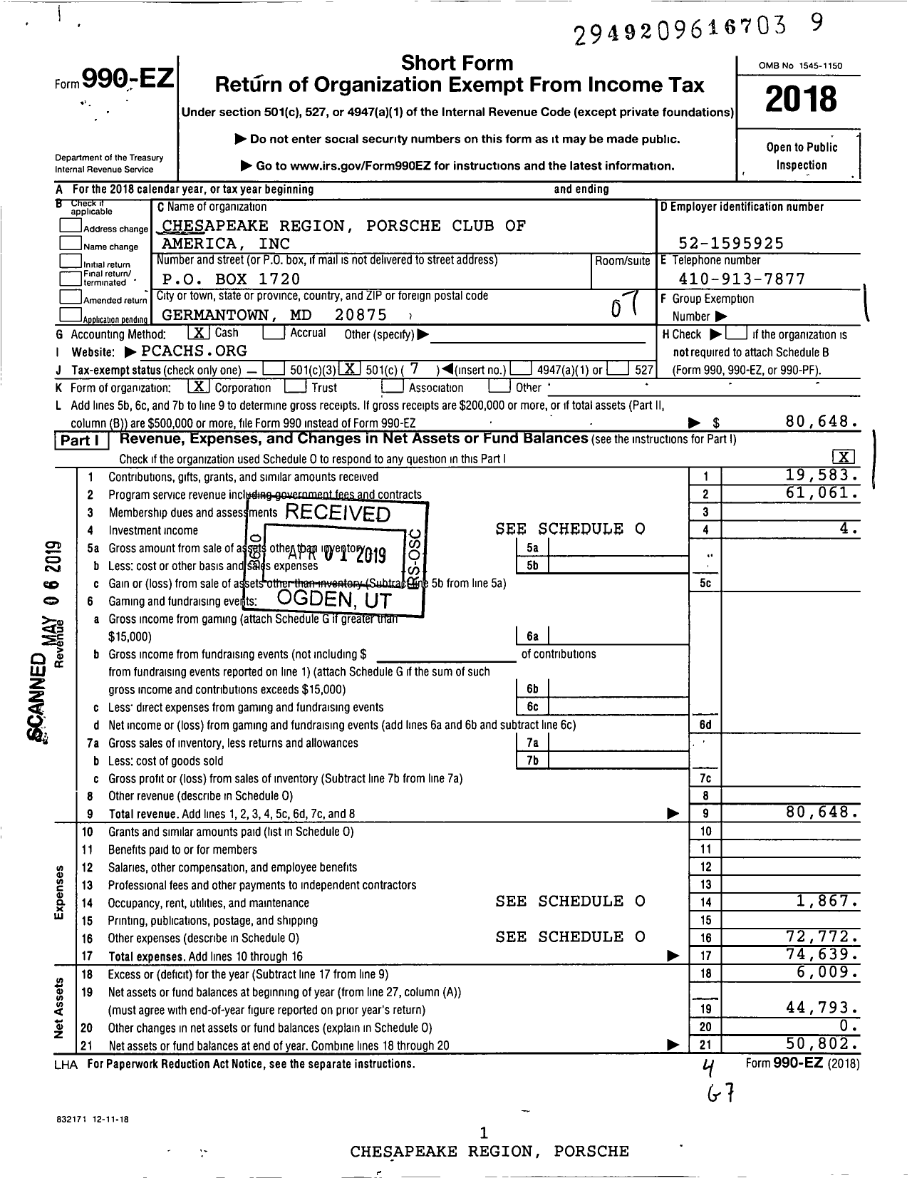 Image of first page of 2018 Form 990EO for Chesapeake Region Porsche Club of America