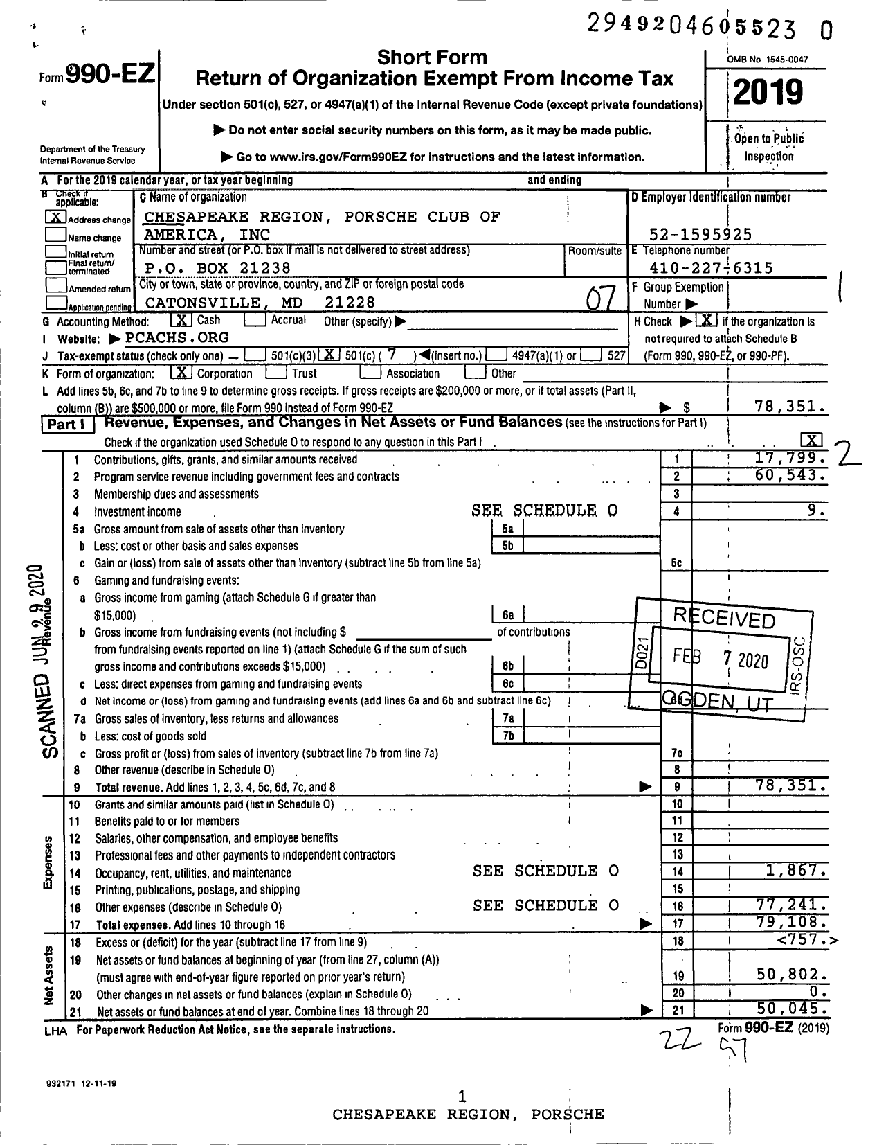 Image of first page of 2019 Form 990EO for Chesapeake Region Porsche Club of America