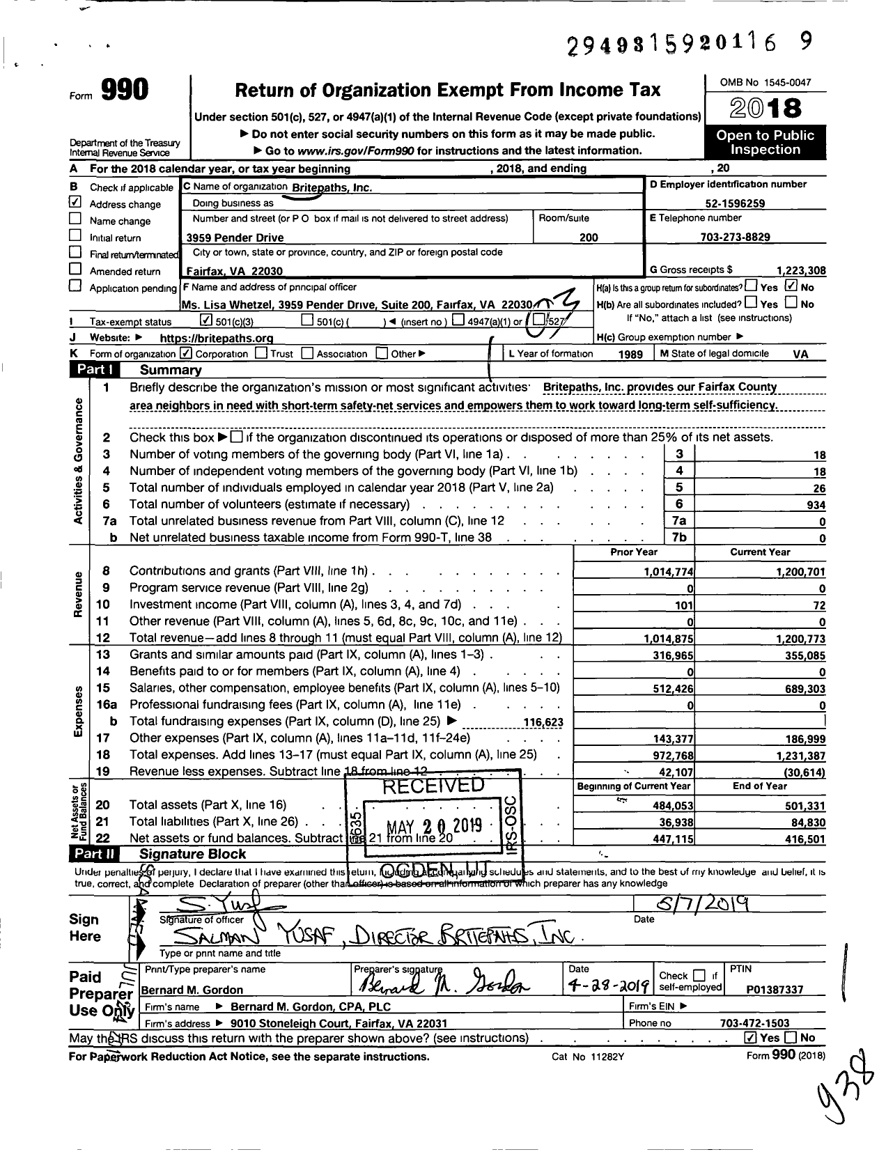 Image of first page of 2018 Form 990 for Britepaths