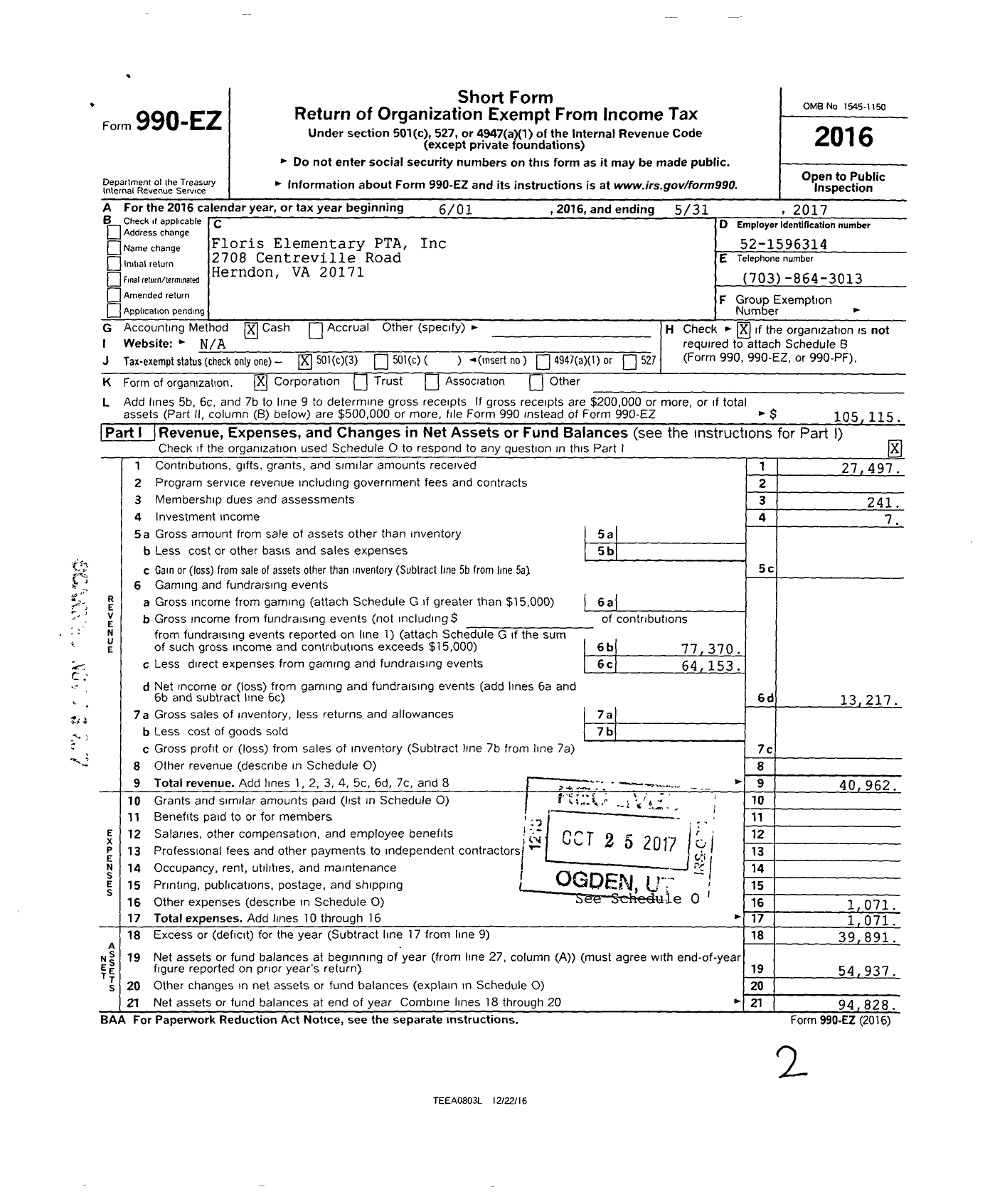 Image of first page of 2016 Form 990EZ for Virginia PTA - Floris Elementary School PTA