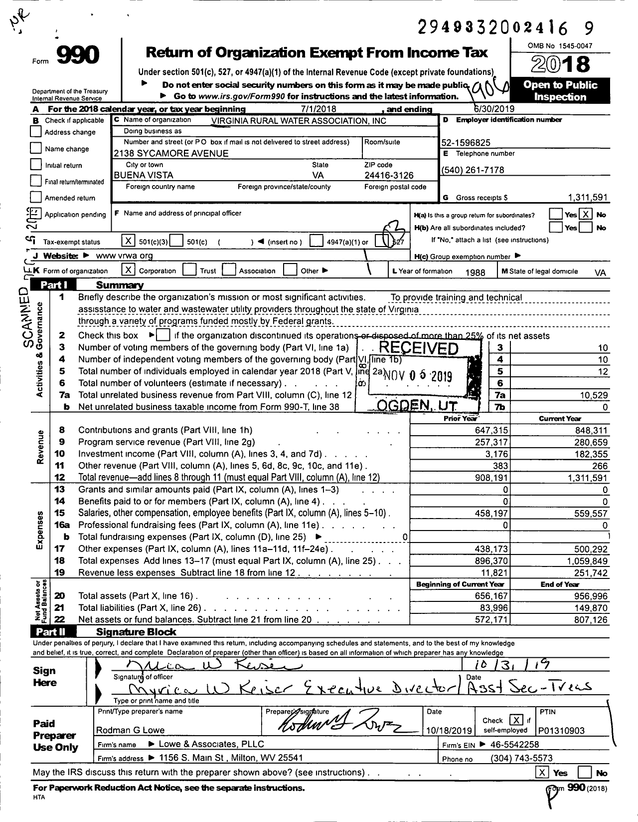 Image of first page of 2018 Form 990 for Virginia Rural Water Association (VRWA)