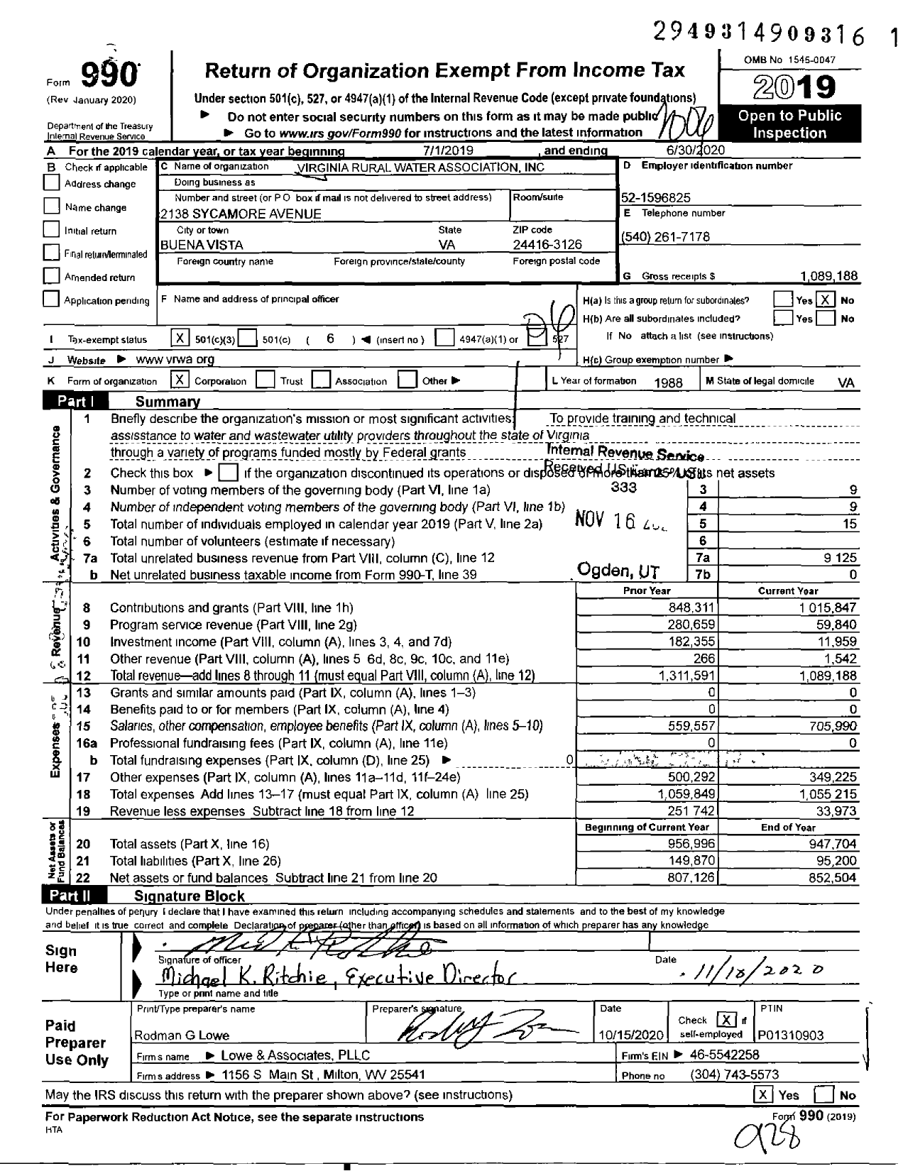 Image of first page of 2019 Form 990O for Virginia Rural Water Association (VRWA)