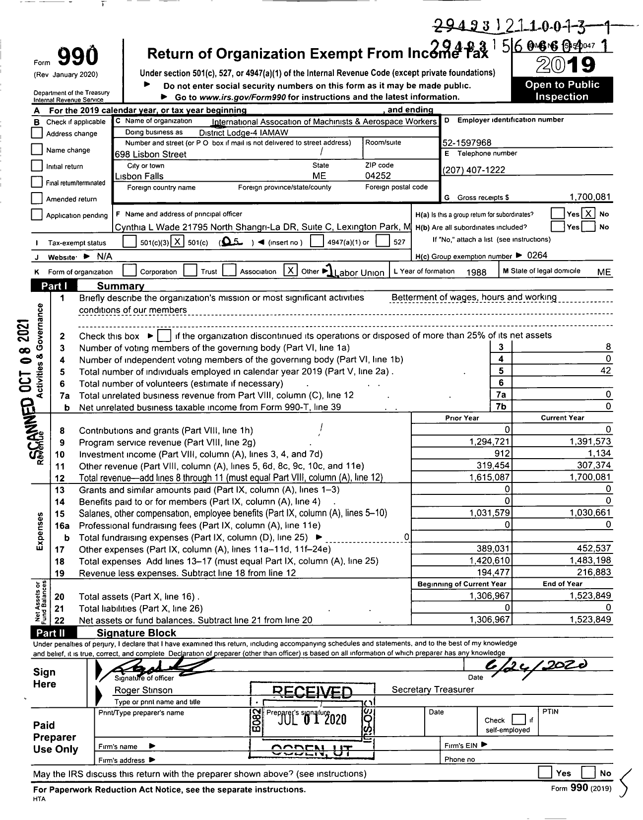 Image of first page of 2019 Form 990O for International Association of Machinists and Aerospace Workers / District Lodge 4 Iamaw