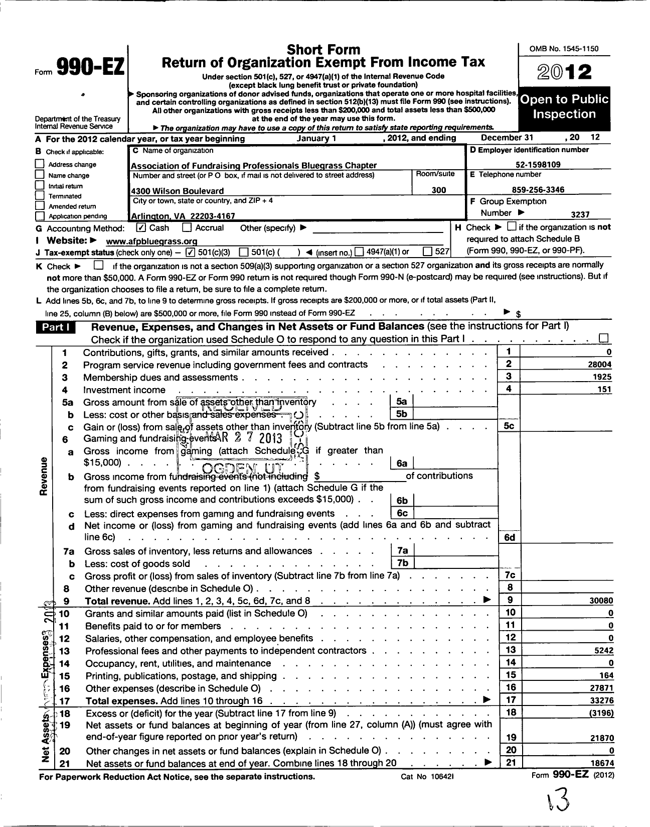 Image of first page of 2012 Form 990EZ for Association of Fundraising Professionals - Ky Blugrass Chapter