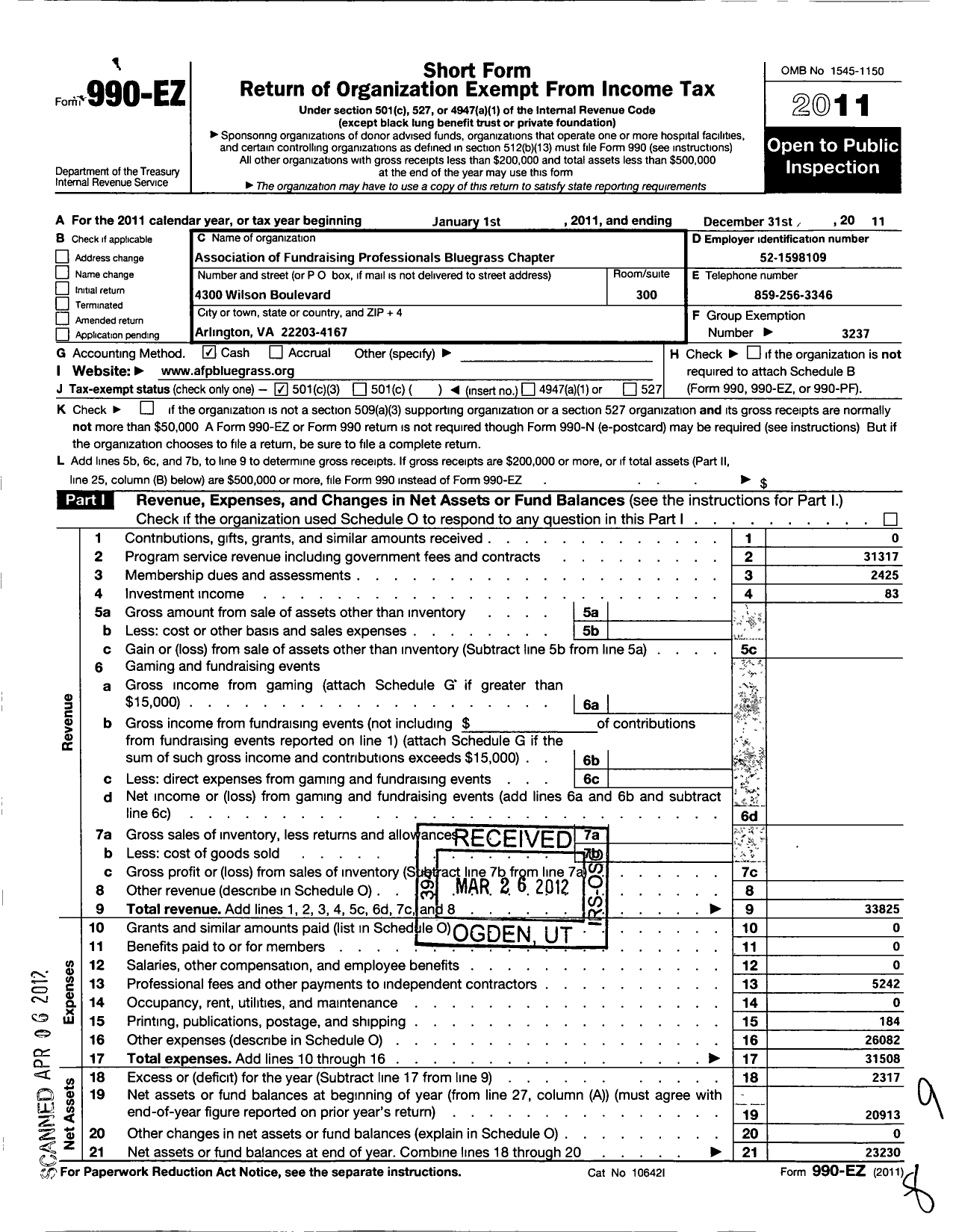 Image of first page of 2011 Form 990EZ for Association of Fundraising Professionals - Ky Blugrass Chapter