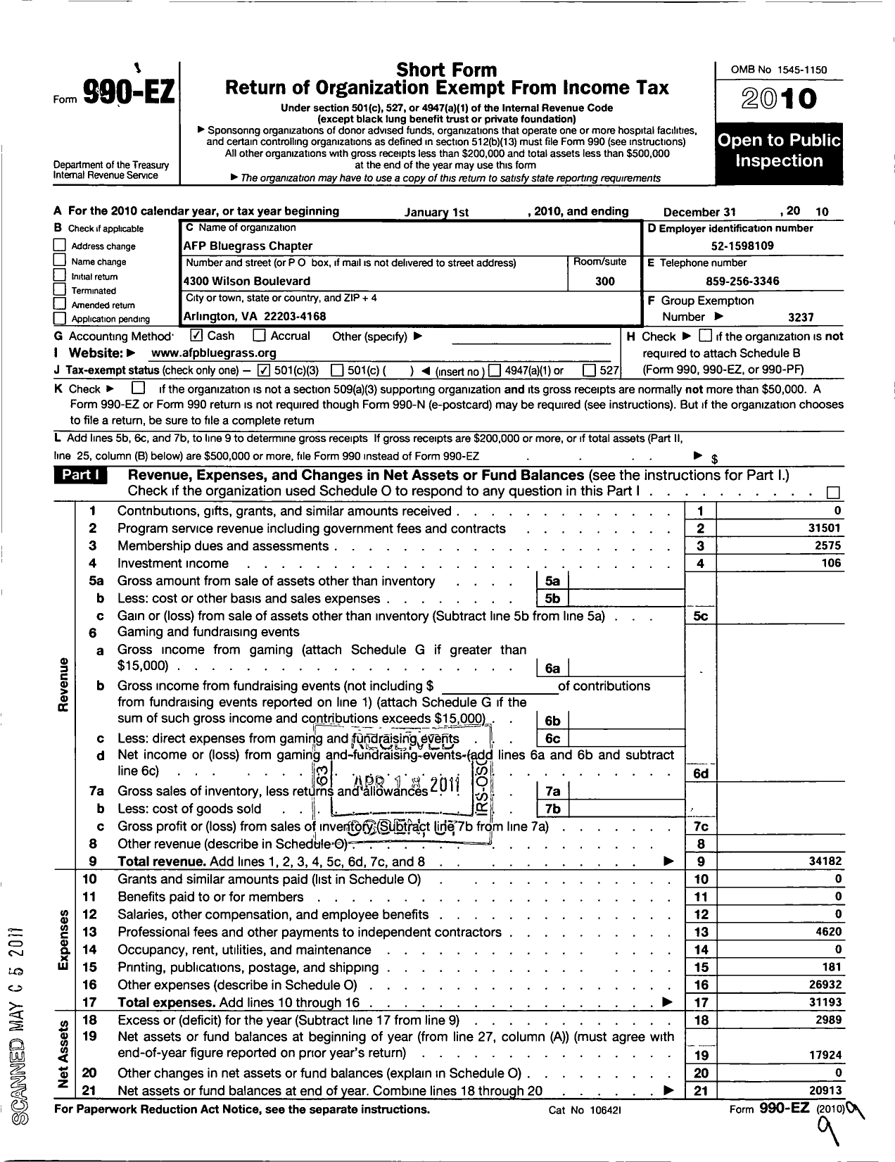 Image of first page of 2010 Form 990EZ for Association of Fundraising Professionals - Ky Blugrass Chapter