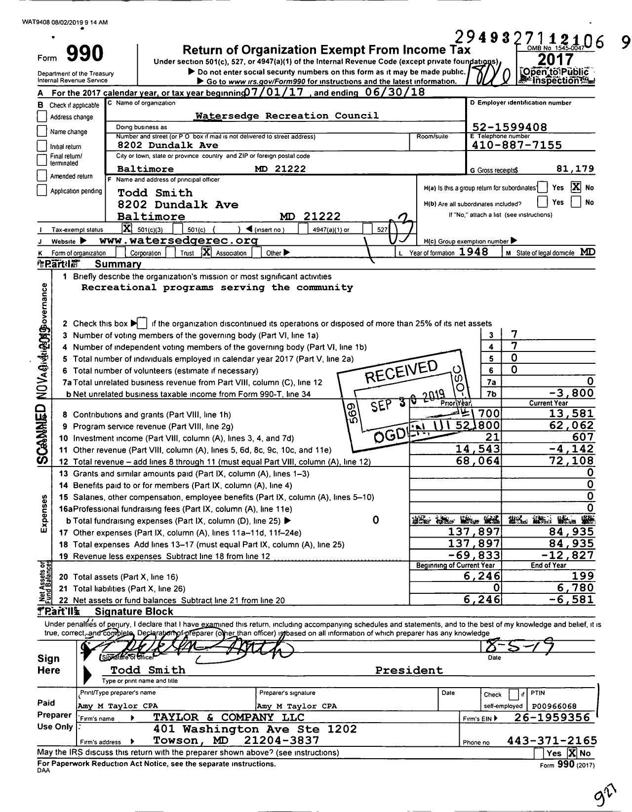 Image of first page of 2017 Form 990 for Watersedge Recreation Council