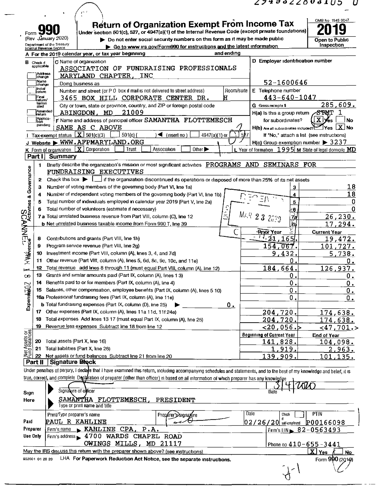 Image of first page of 2019 Form 990 for Association of Fundraising Professionals - Md-Maryland Chapter