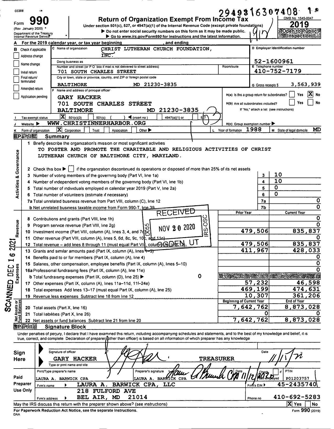 Image of first page of 2019 Form 990 for Christ Lutheran Church Foundation