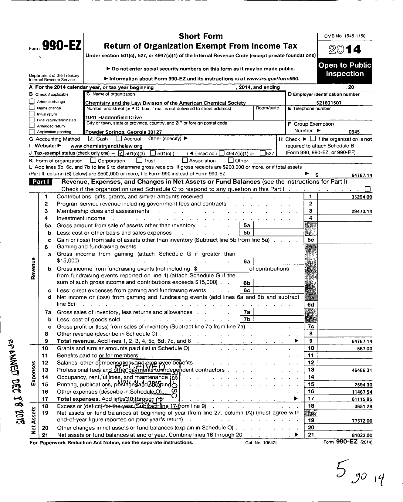 Image of first page of 2014 Form 990EZ for American Chemical Society - Chemistry and the Law Division