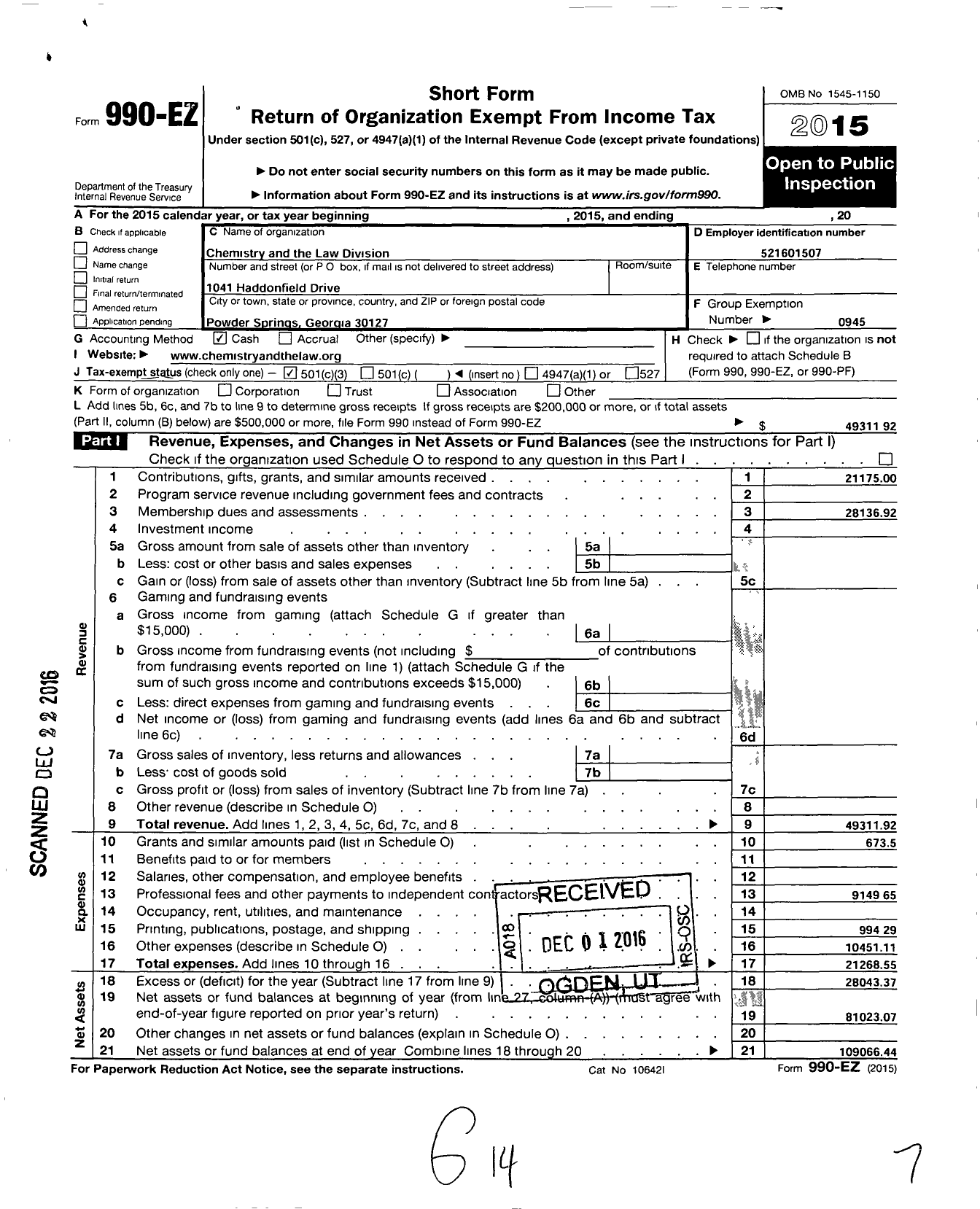 Image of first page of 2015 Form 990EZ for American Chemical Society - Chemistry and the Law Division