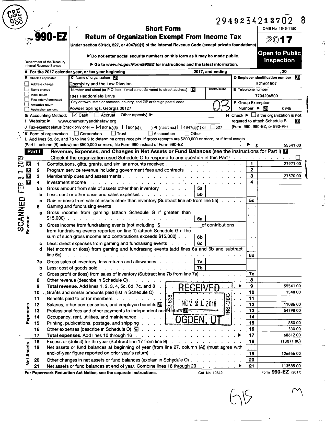 Image of first page of 2017 Form 990EZ for American Chemical Society - Chemistry and the Law Division