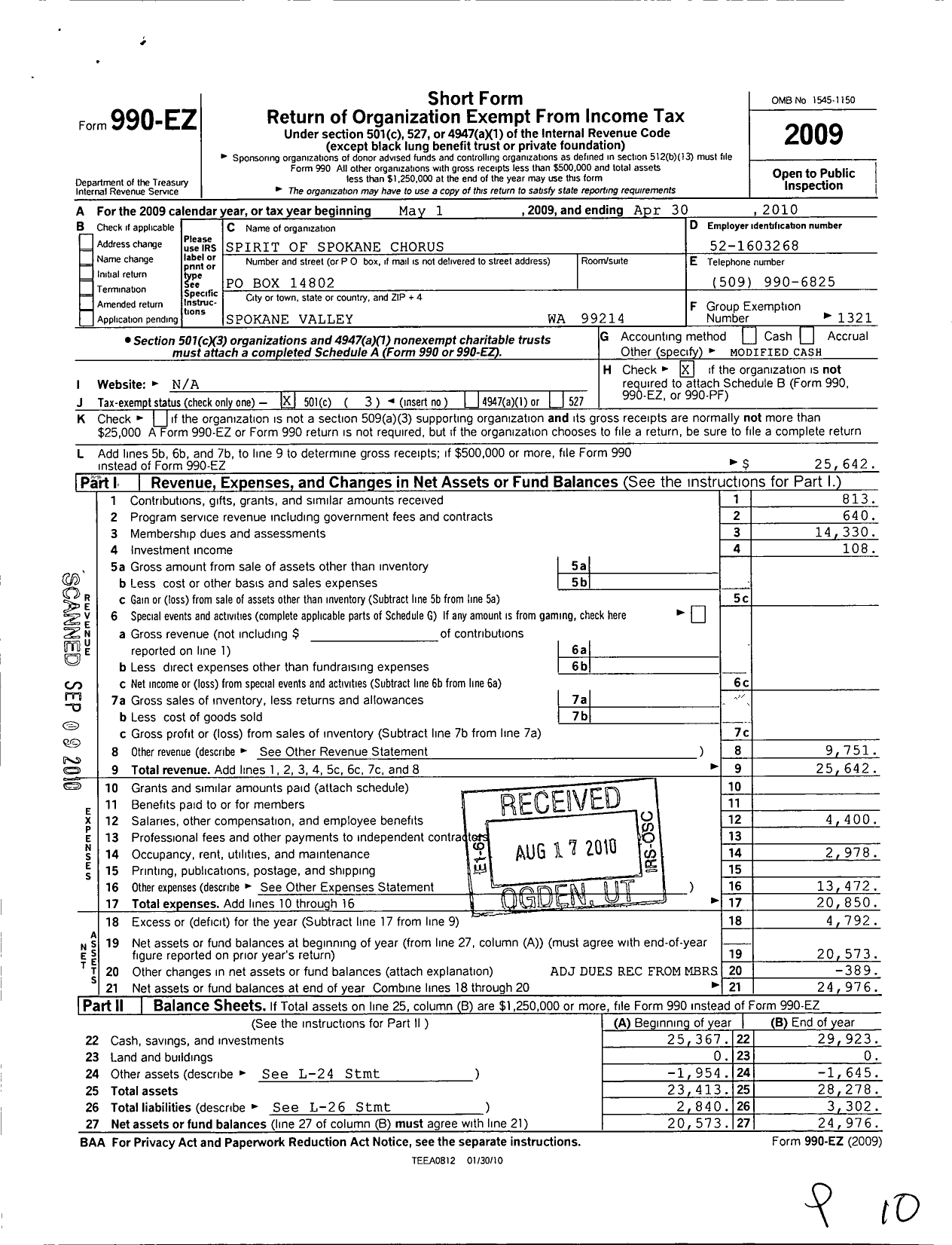 Image of first page of 2009 Form 990EZ for Sweet Adelines International - Spirit of Spokane