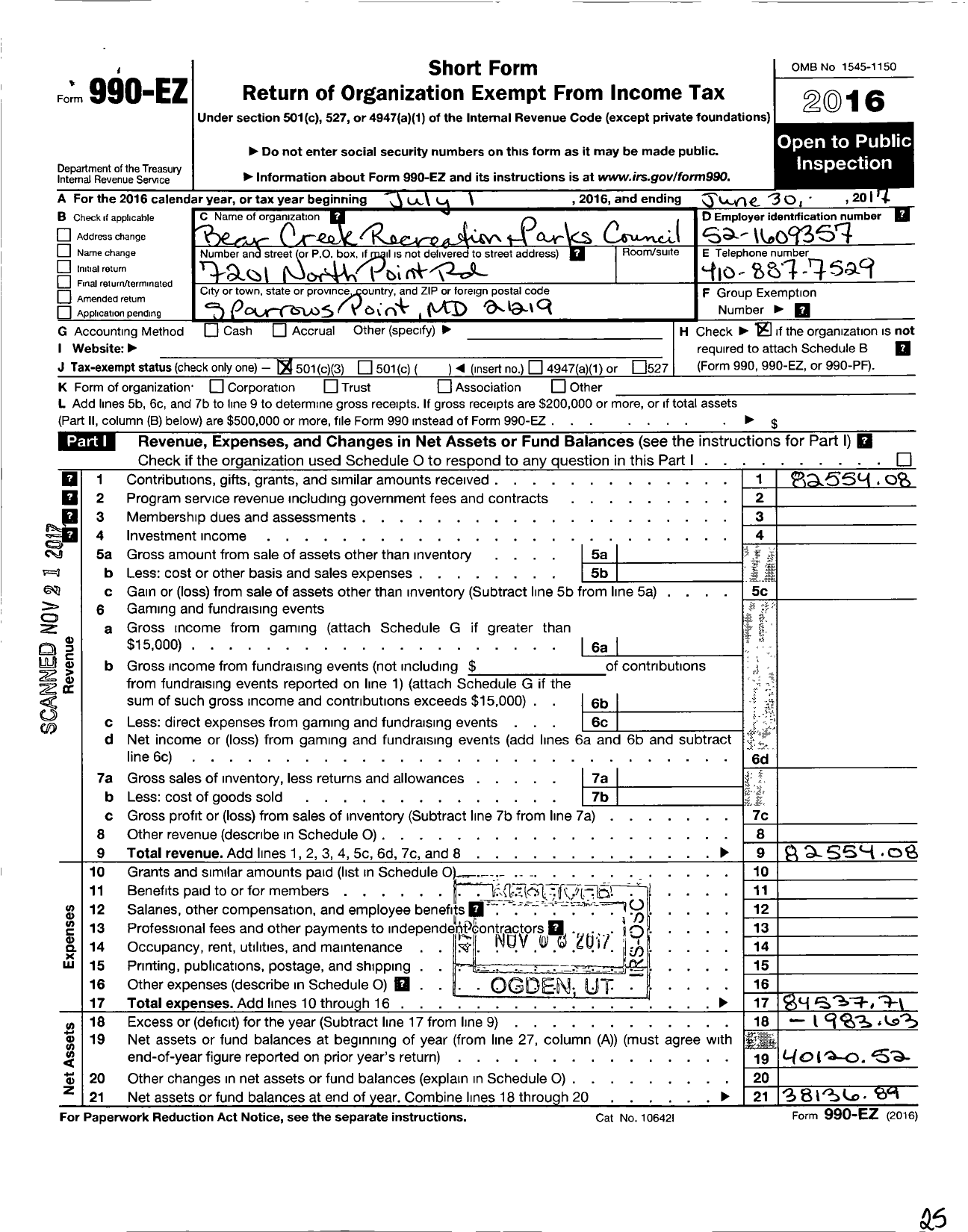 Image of first page of 2016 Form 990EZ for Bear Creek Recreation and Parks Council Baltimore County Maryland