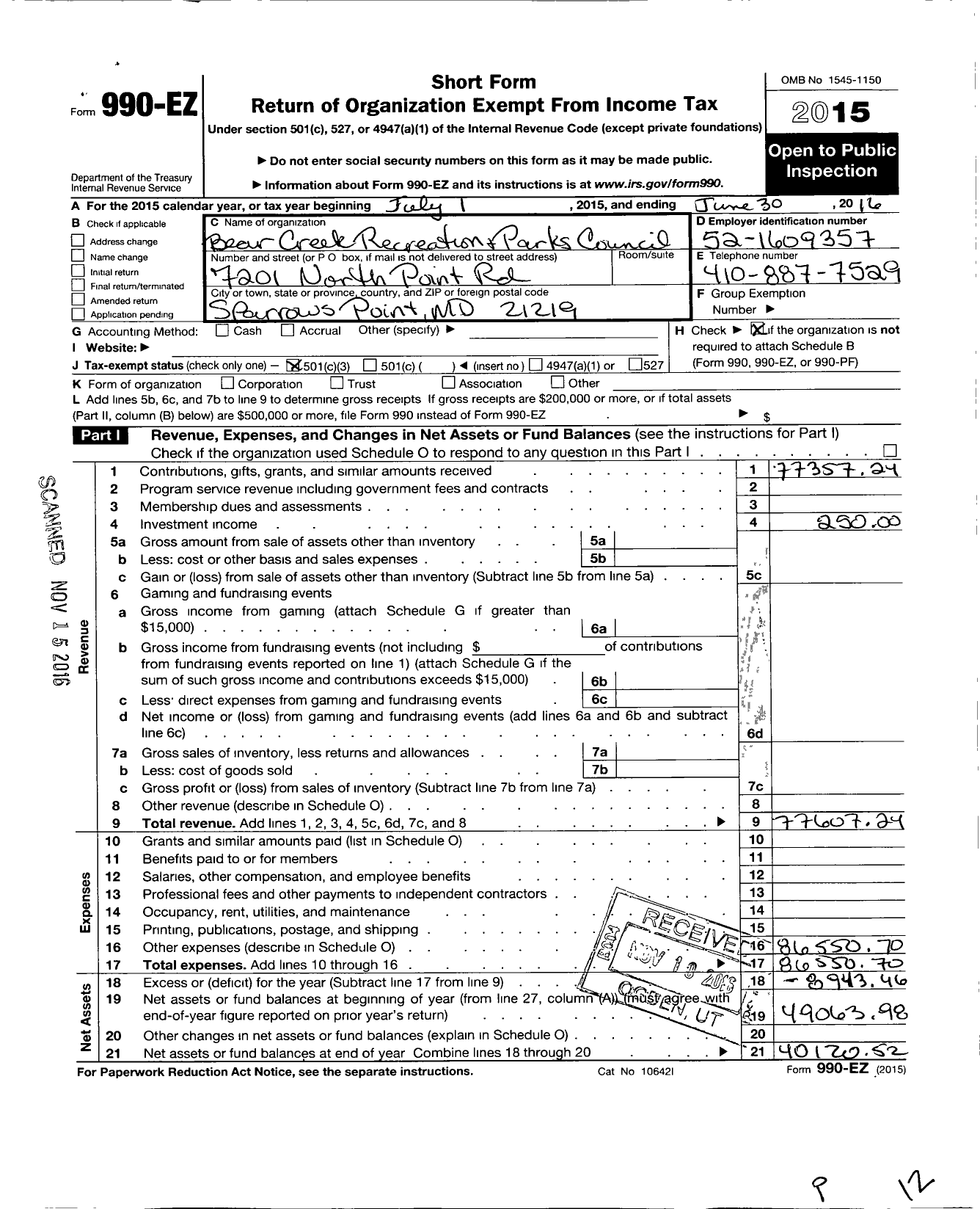 Image of first page of 2015 Form 990EZ for Bear Creek Recreation and Parks Council Baltimore County Maryland