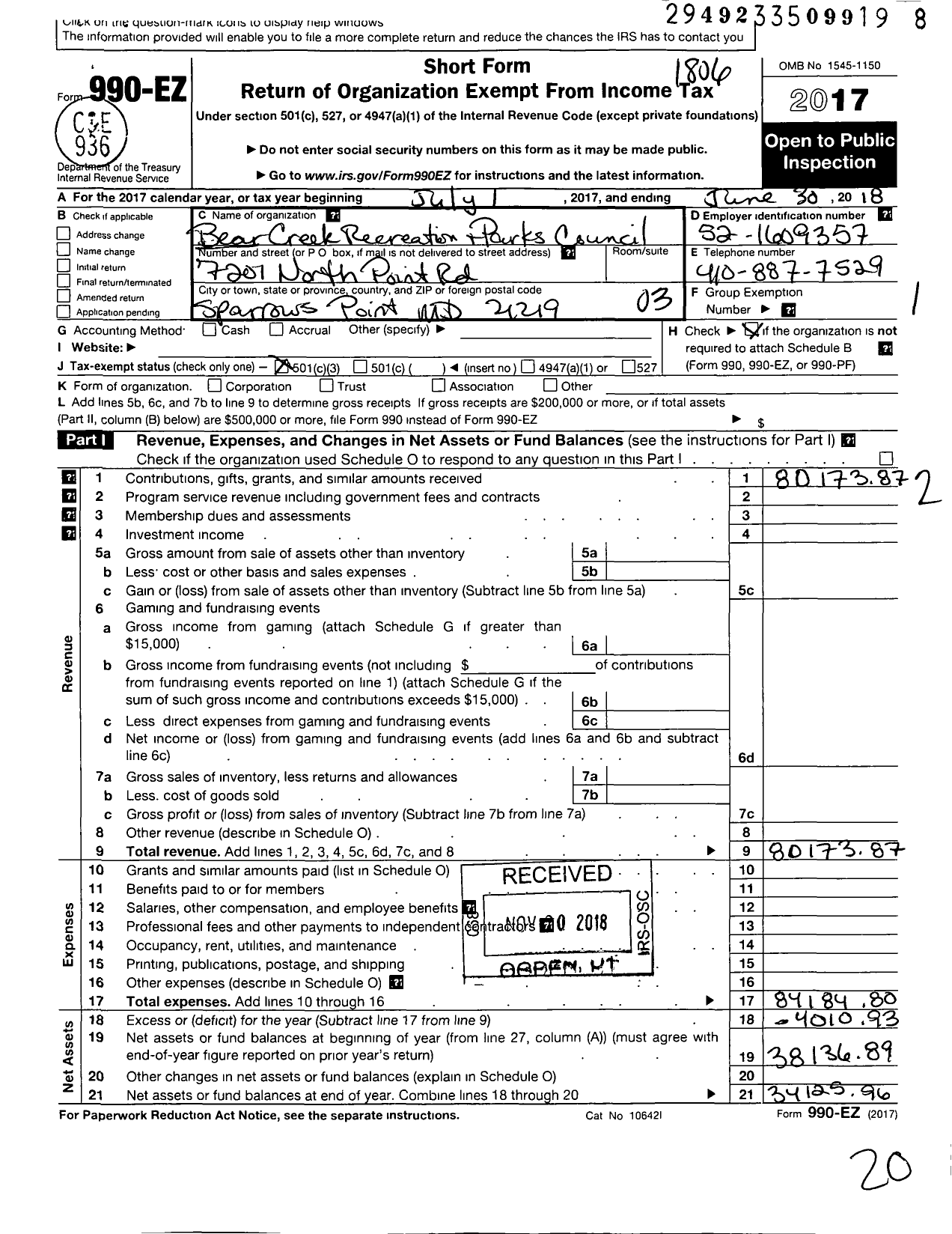 Image of first page of 2017 Form 990EZ for Bear Creek Recreation and Parks Council Baltimore County Maryland