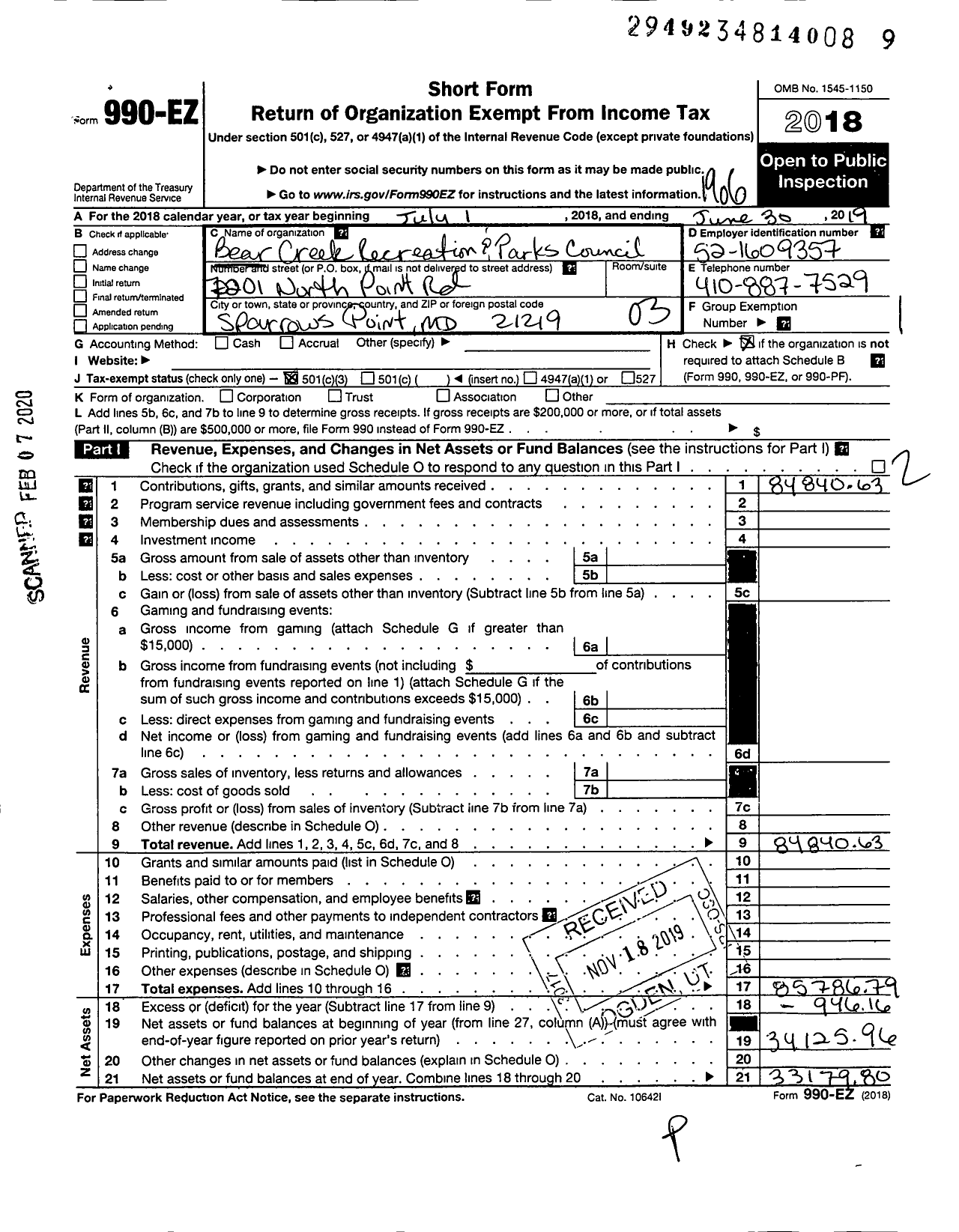 Image of first page of 2018 Form 990EZ for Bear Creek Recreation and Parks Council Baltimore County Maryland