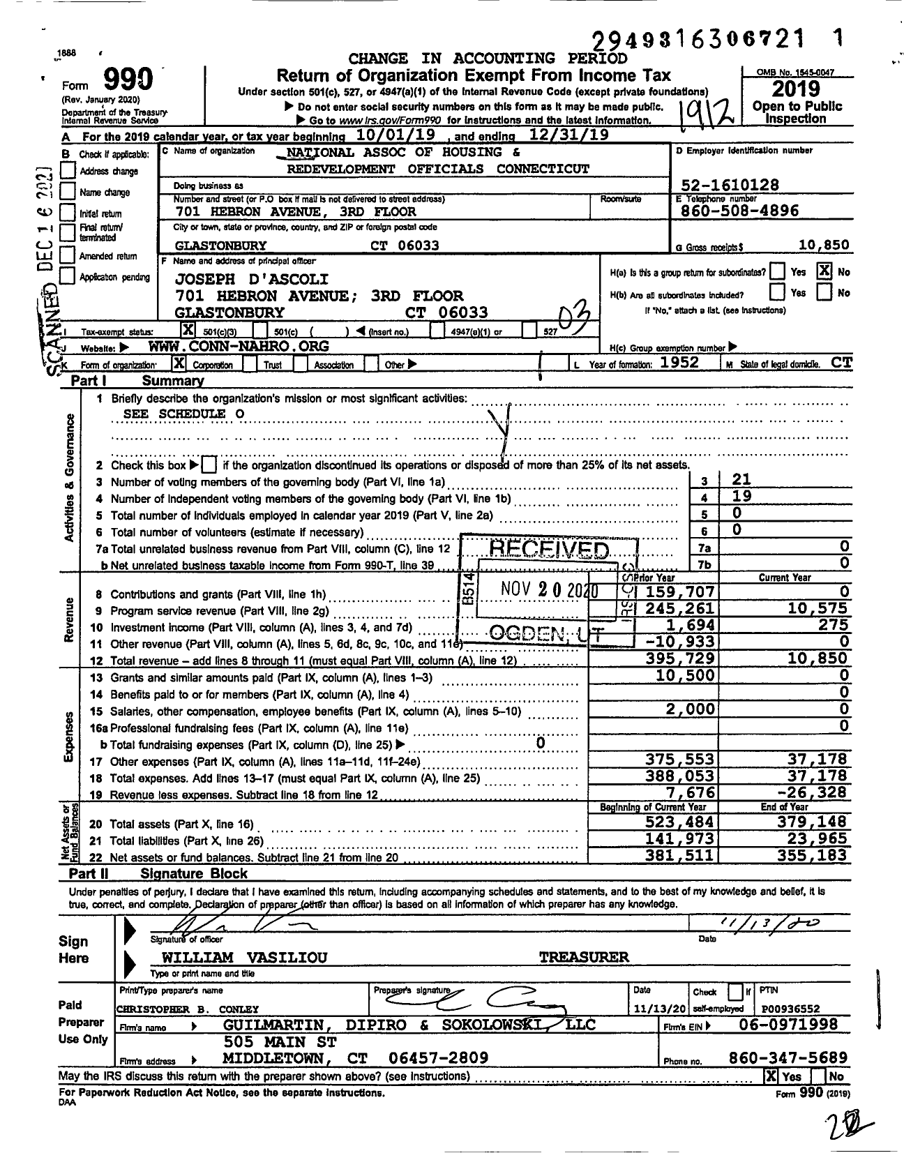 Image of first page of 2019 Form 990 for National Association of Housing and Redevelopment Officials Connecticut