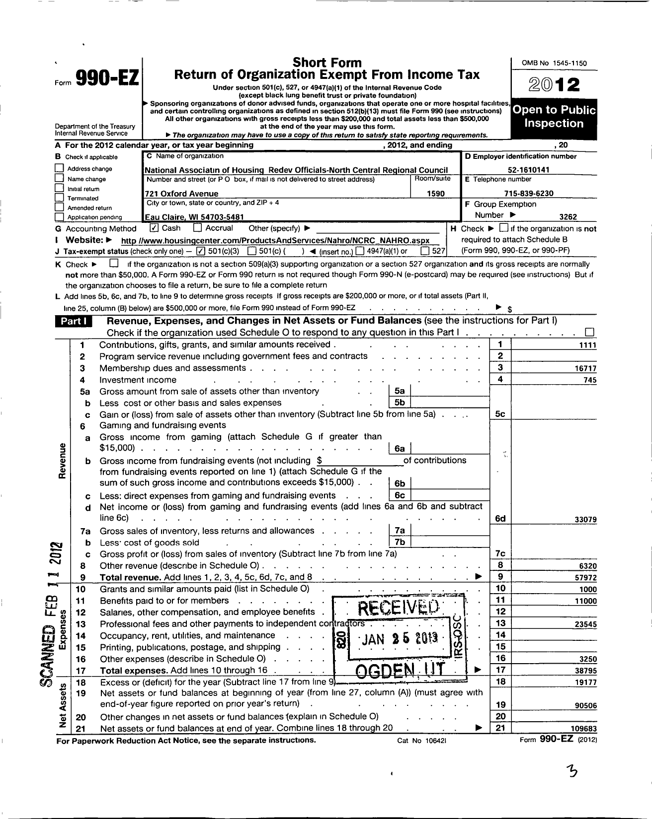 Image of first page of 2012 Form 990EZ for National Association of Housing and Redevelopment Officials / N Central Regional Council of Nahro