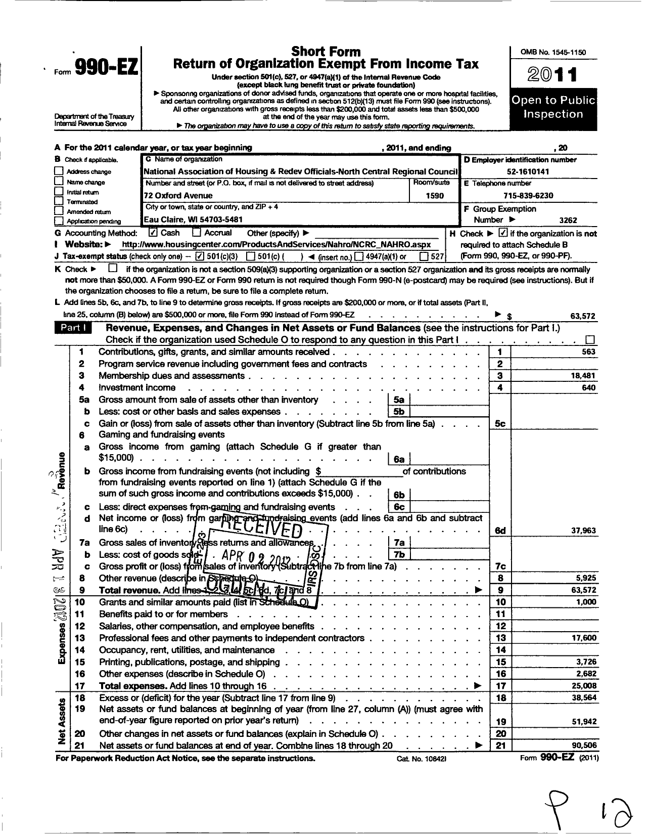 Image of first page of 2011 Form 990EZ for National Association of Housing and Redevelopment Officials / N Central Regional Council of Nahro