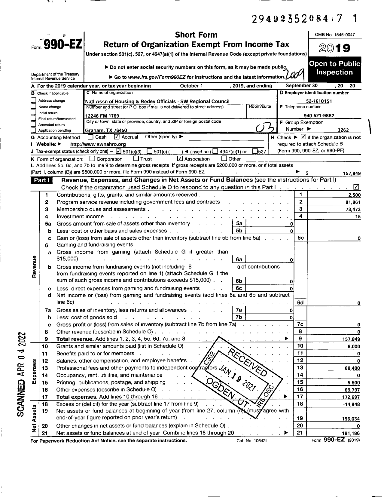 Image of first page of 2019 Form 990EZ for Southwest NAHRO