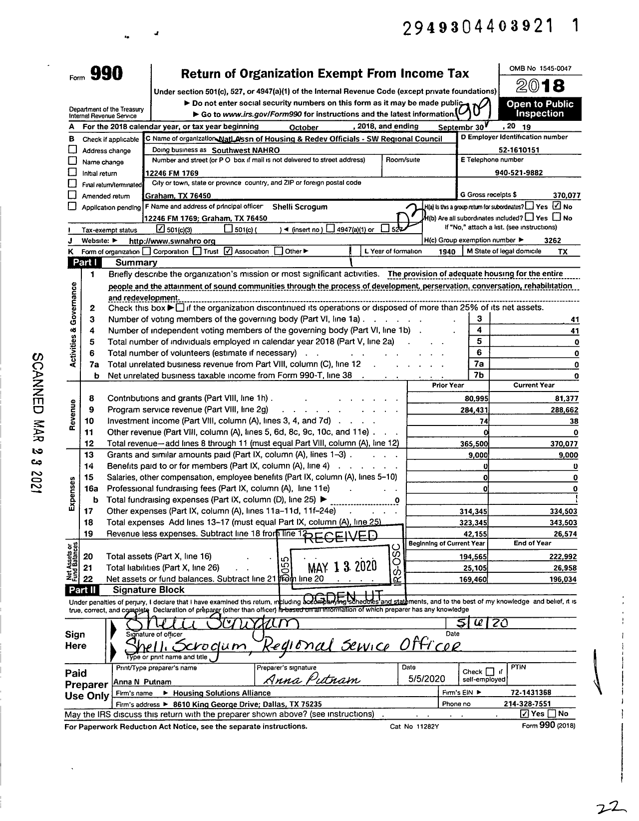 Image of first page of 2018 Form 990 for Southwest NAHRO