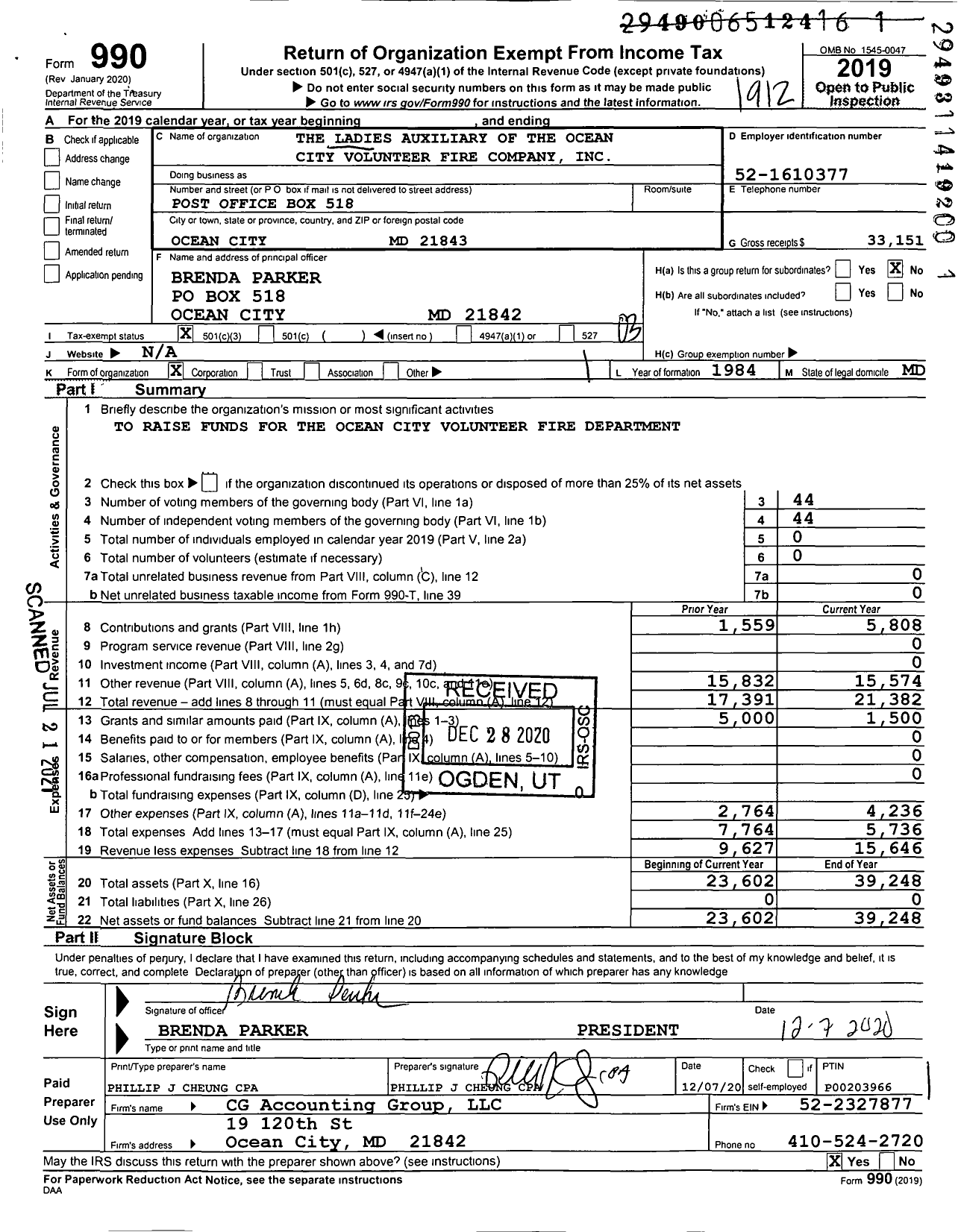 Image of first page of 2019 Form 990 for The Ladies Auxiliary of the Ocean City Volunteer Fire Company