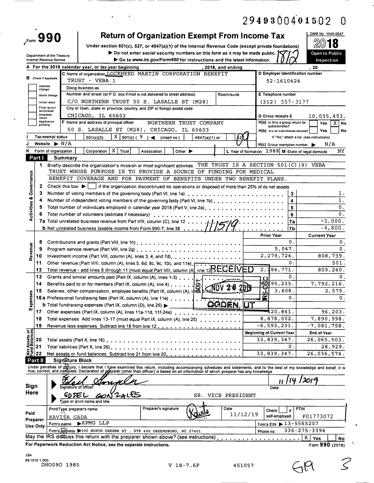 Image of first page of 2018 Form 990O for Lockheed Martin Corporation Benefit Trust - Veba 1