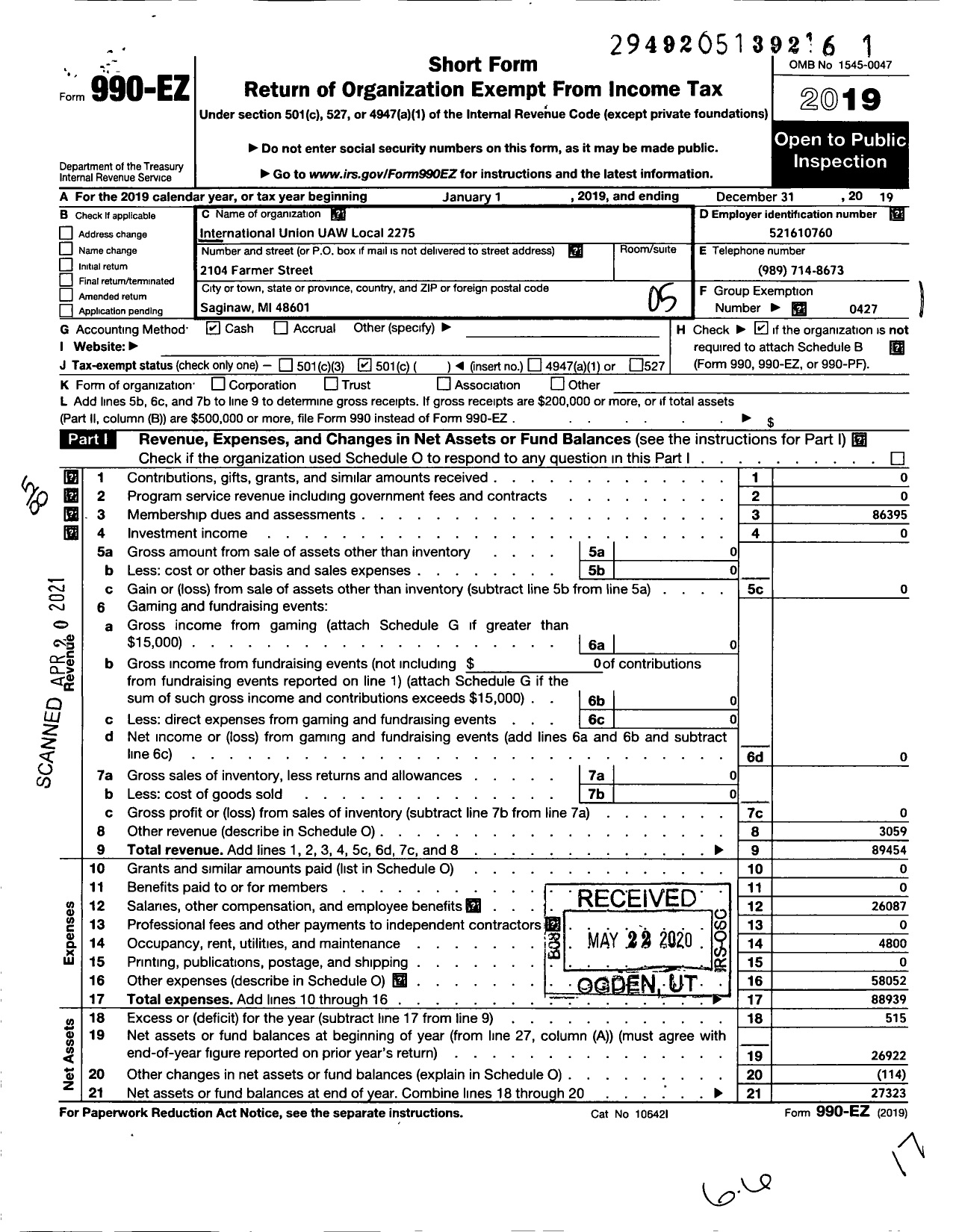 Image of first page of 2019 Form 990EO for UAW - 2275 Local 1D Region