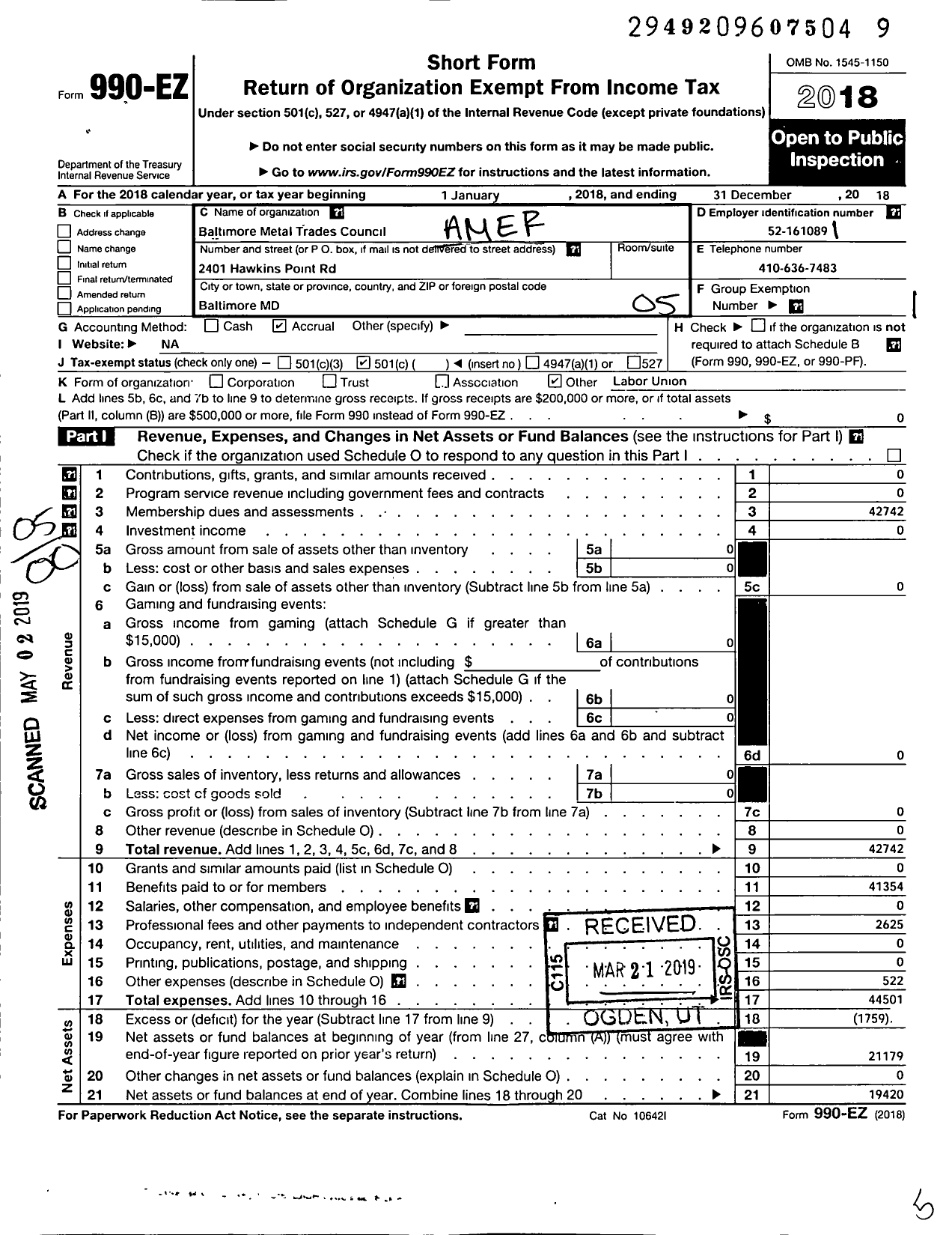 Image of first page of 2018 Form 990EO for AFL-CIO - Baltimore MTC