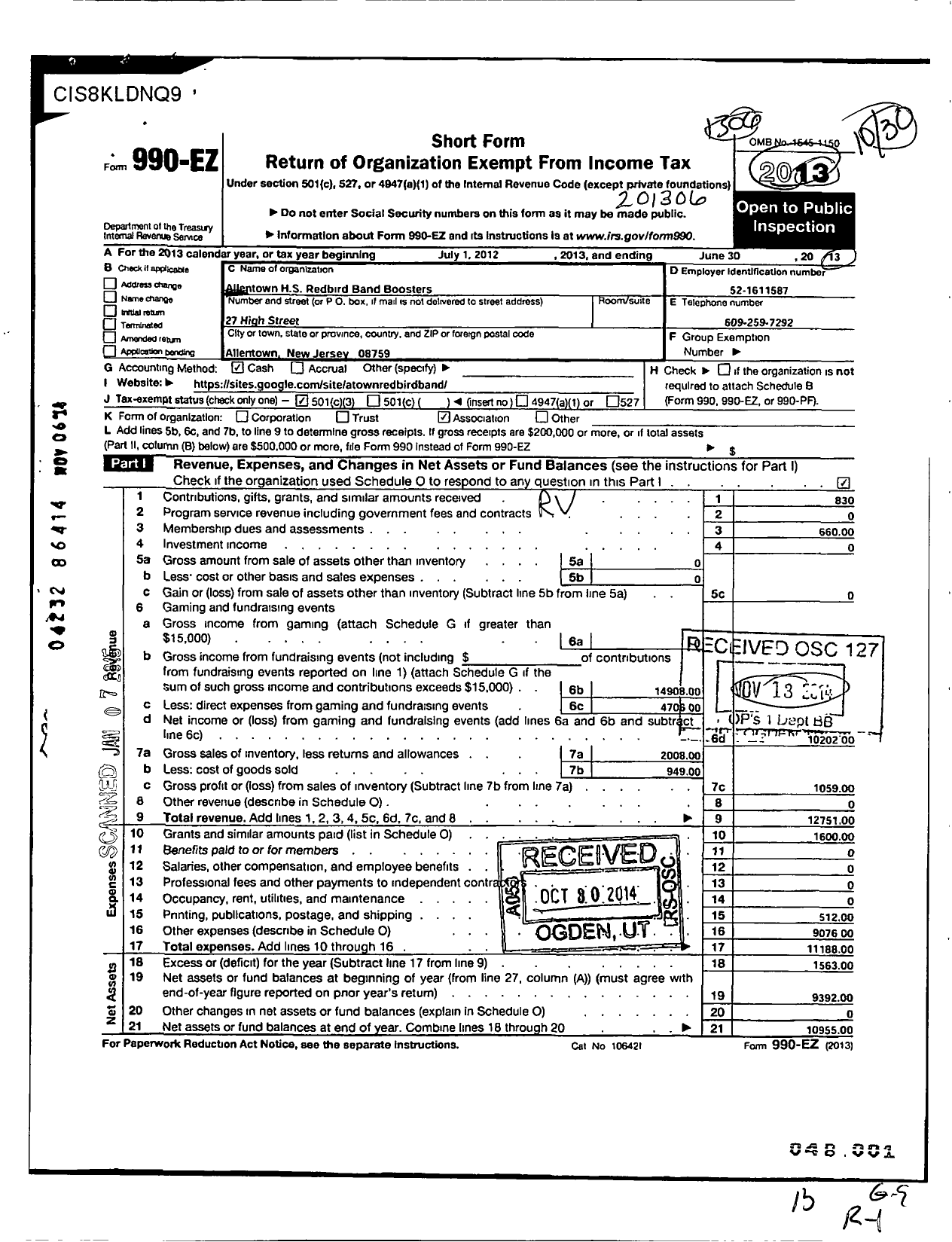 Image of first page of 2012 Form 990EZ for Allentown High School Redbird Band Boosters