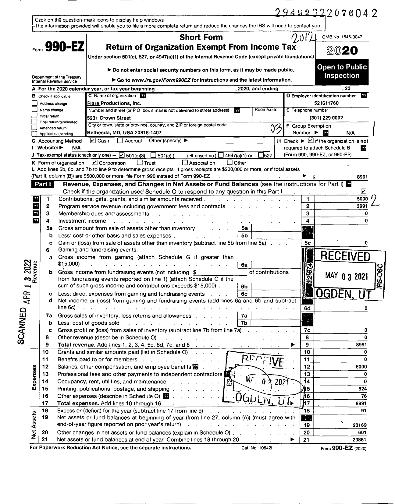 Image of first page of 2020 Form 990EZ for Flare Productions