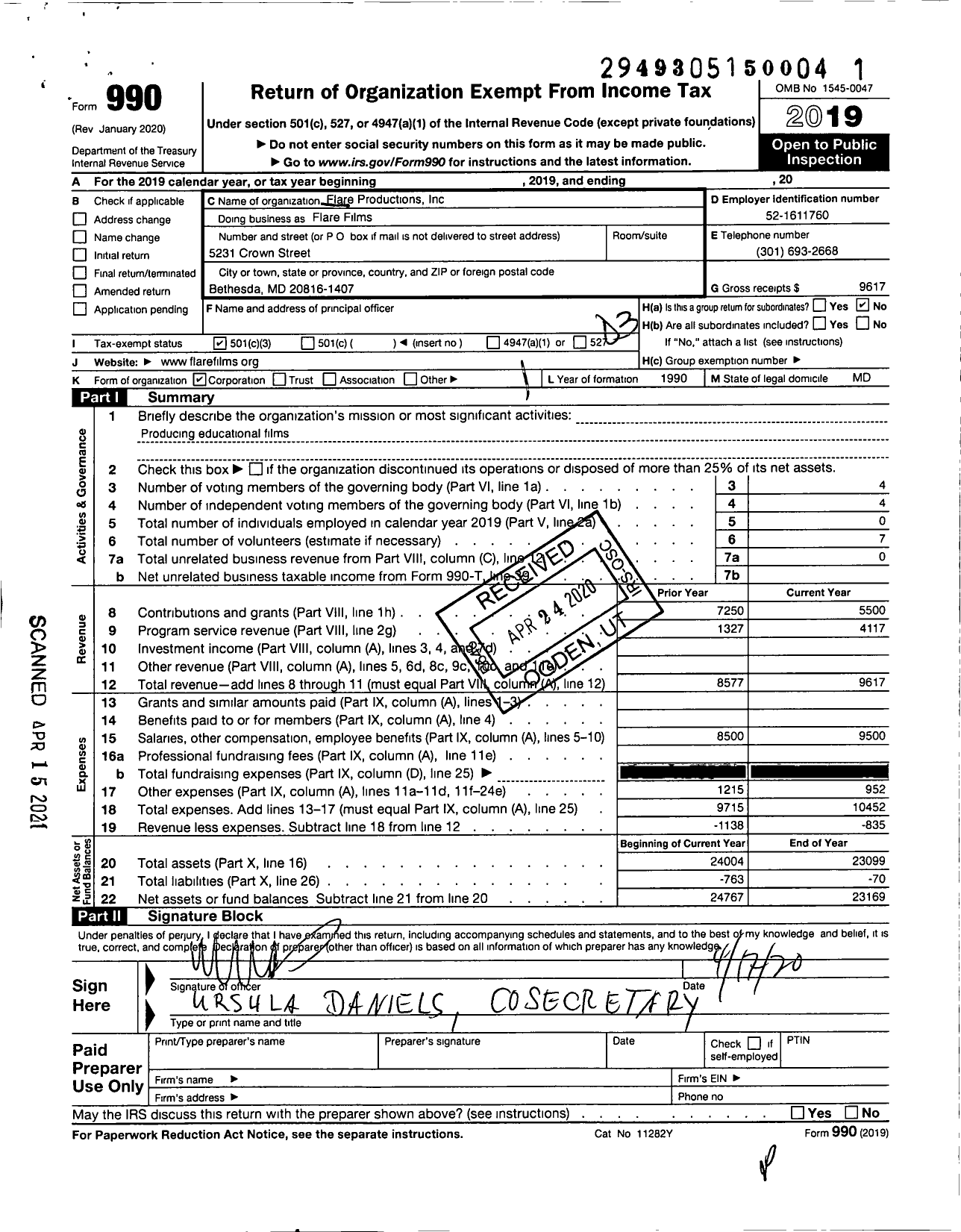 Image of first page of 2019 Form 990 for Flare Productions