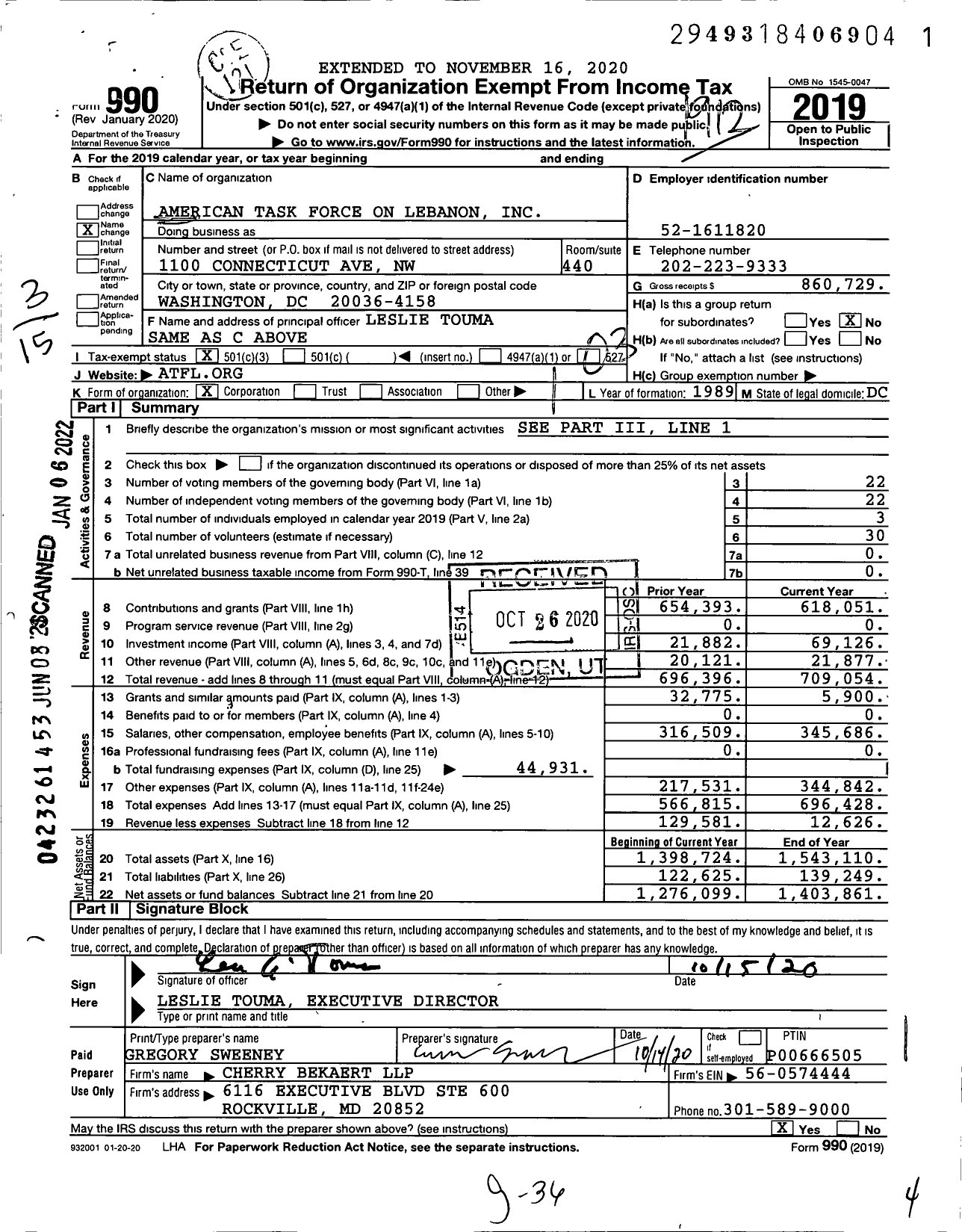 Image of first page of 2019 Form 990 for American Task Force on Lebanon