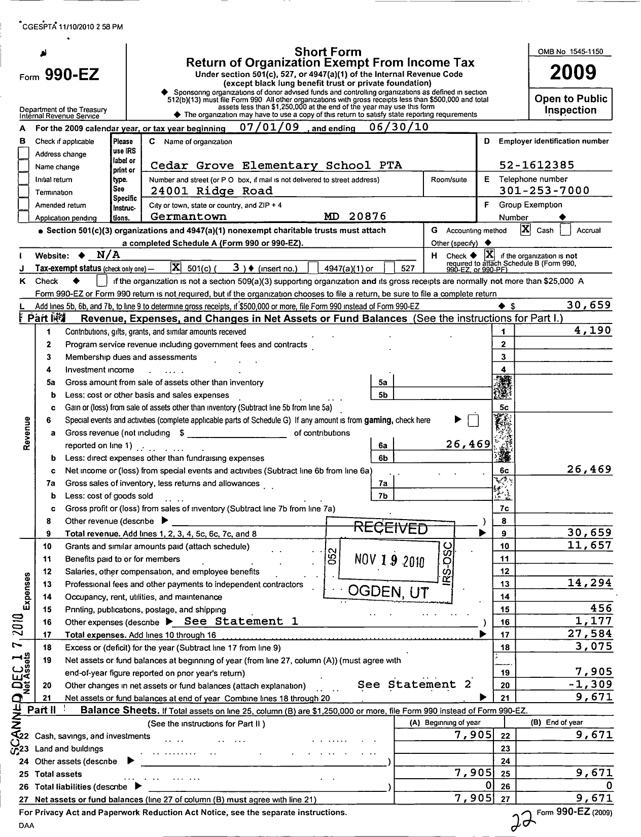 Image of first page of 2009 Form 990EZ for Cedar Grove Elementary School PTA