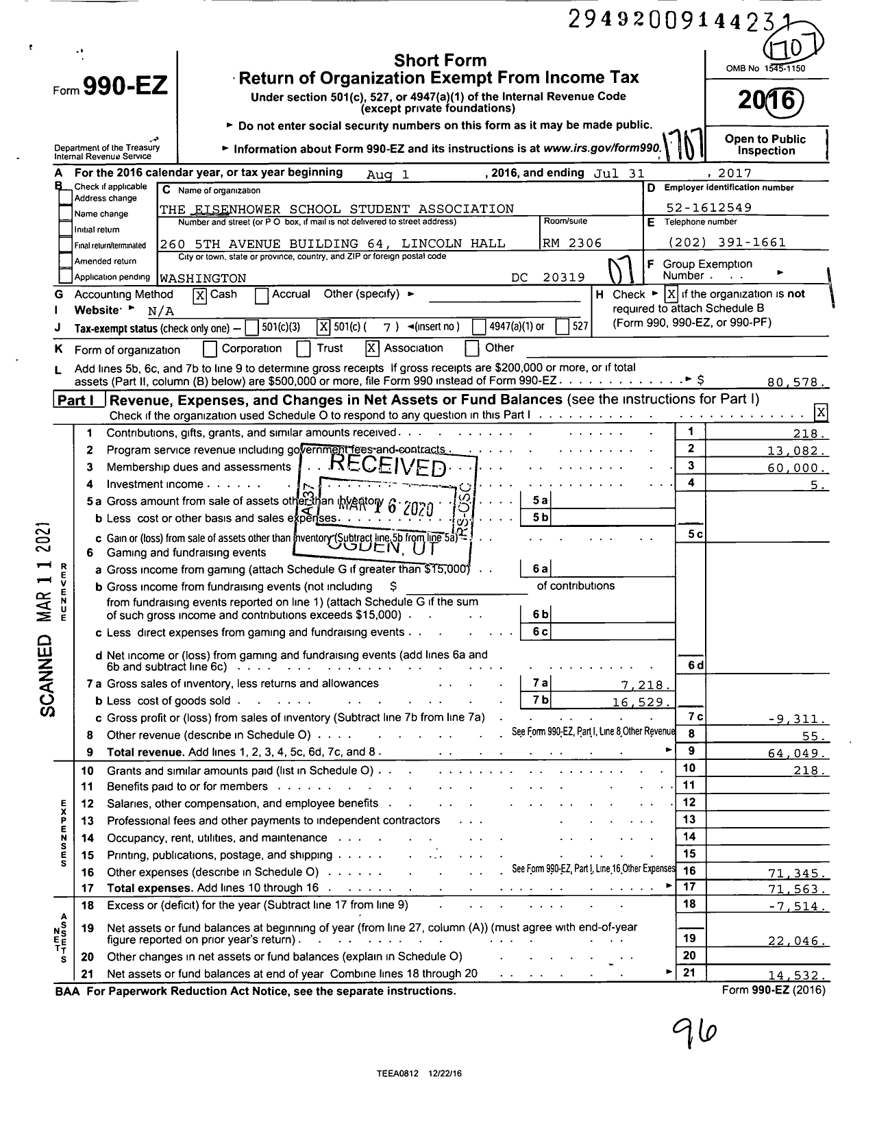 Image of first page of 2016 Form 990EO for The Eisenhower School Student Association