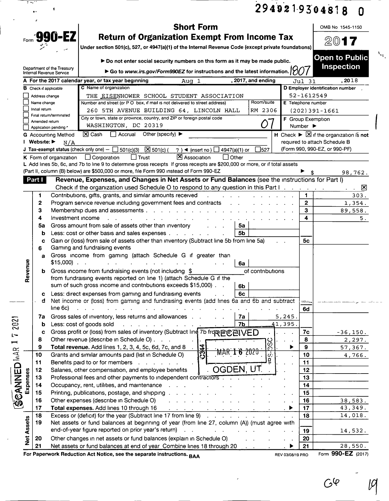 Image of first page of 2017 Form 990EO for The Eisenhower School Student Association