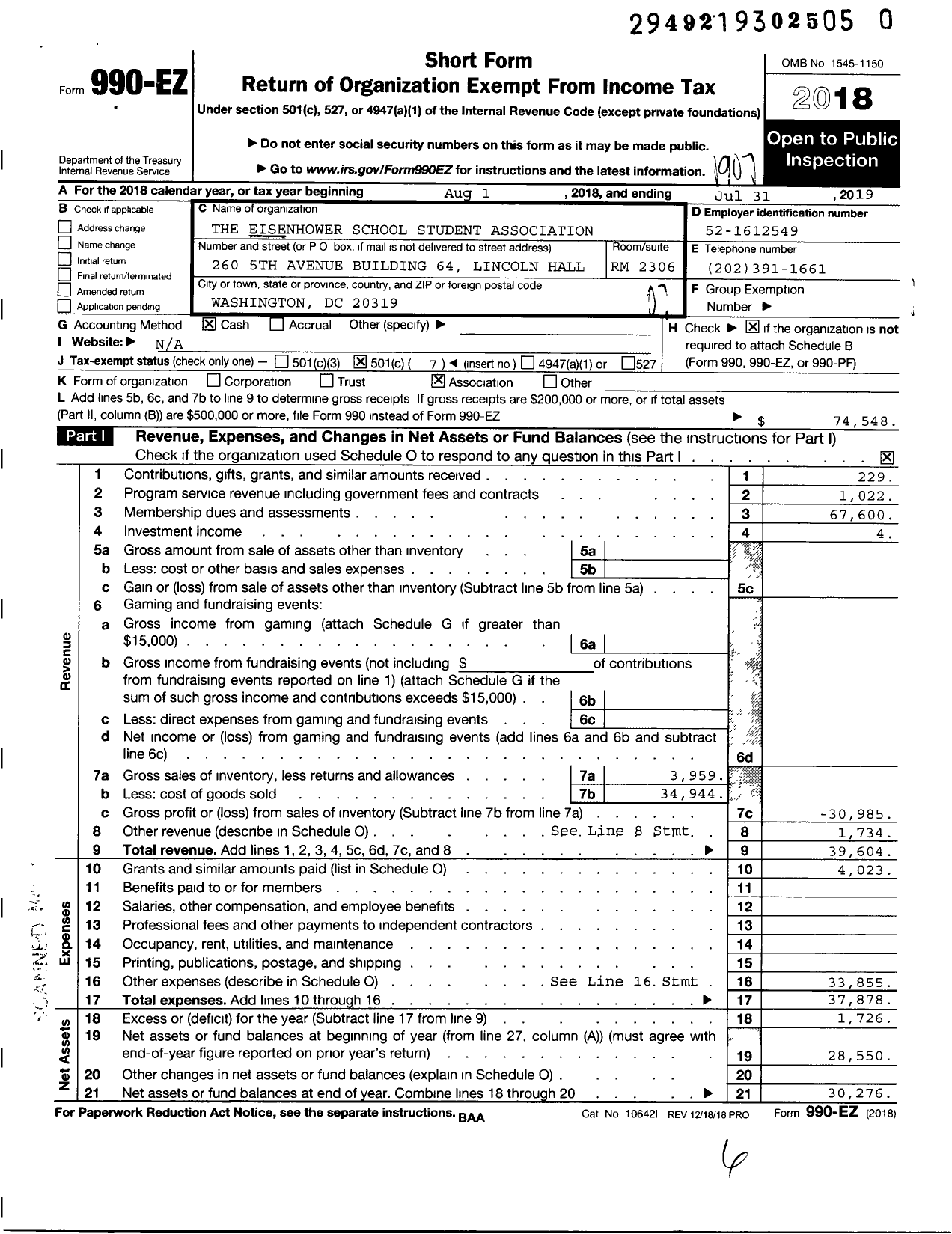 Image of first page of 2018 Form 990EO for The Eisenhower School Student Association