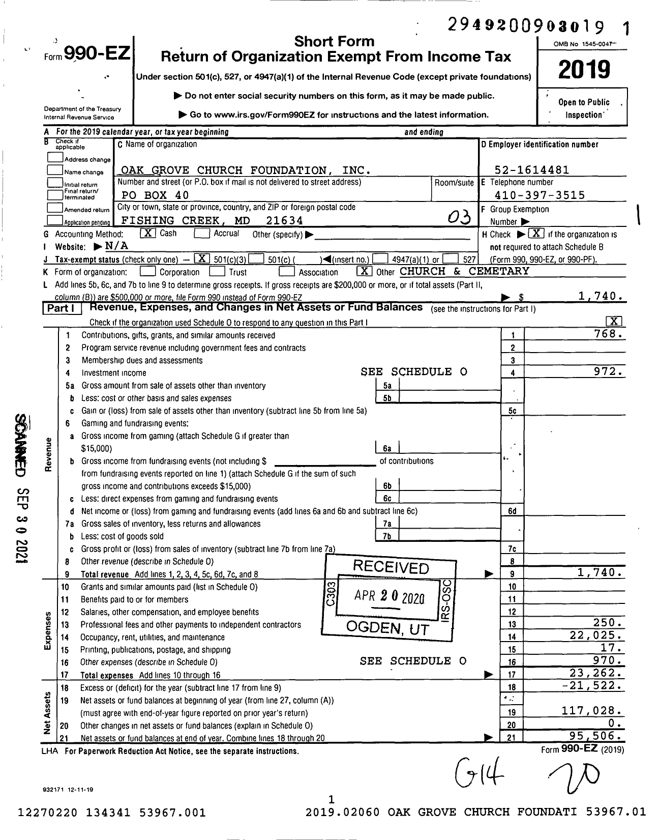 Image of first page of 2019 Form 990EZ for Oak Grove Church Foundation