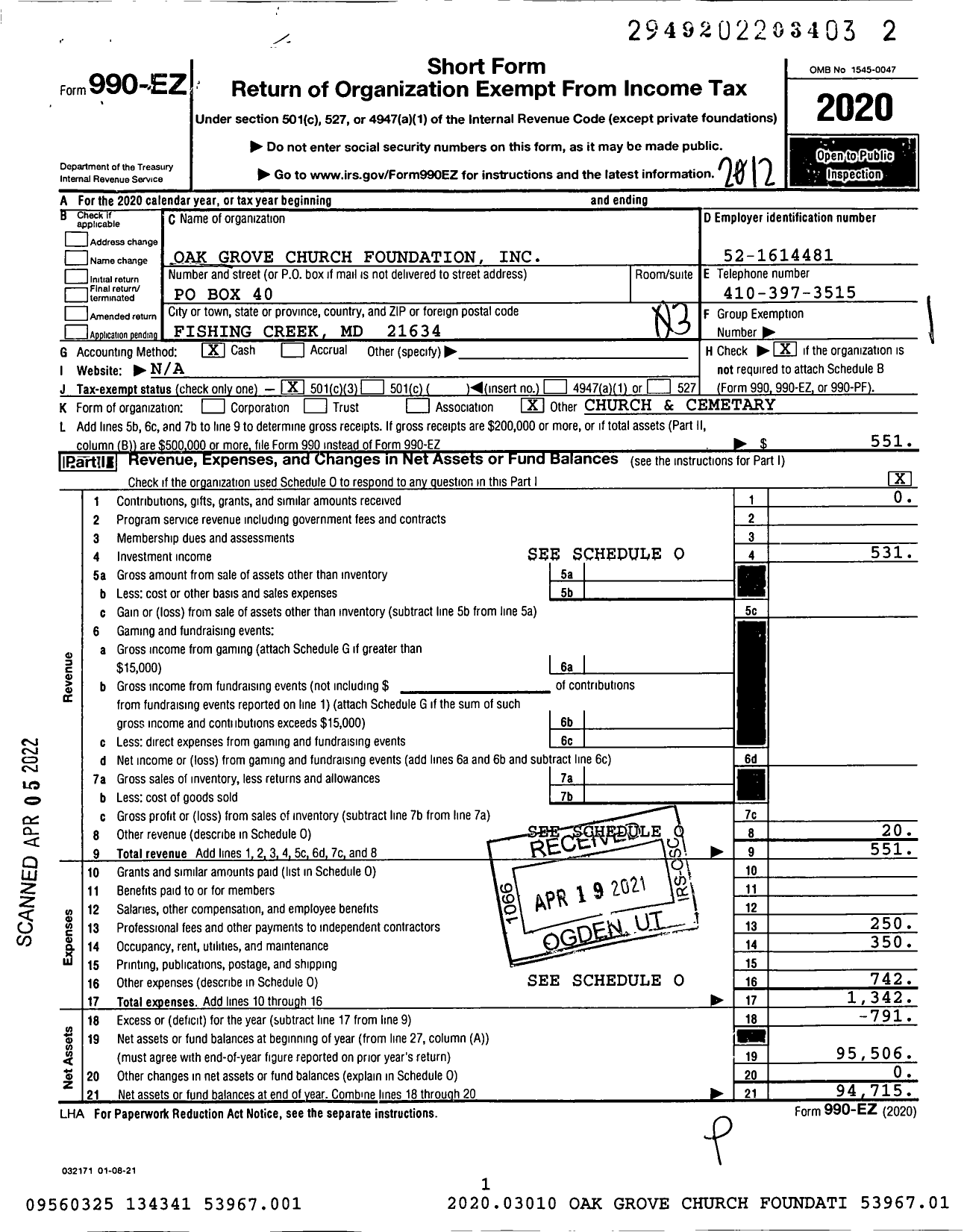 Image of first page of 2020 Form 990EZ for Oak Grove Church Foundation