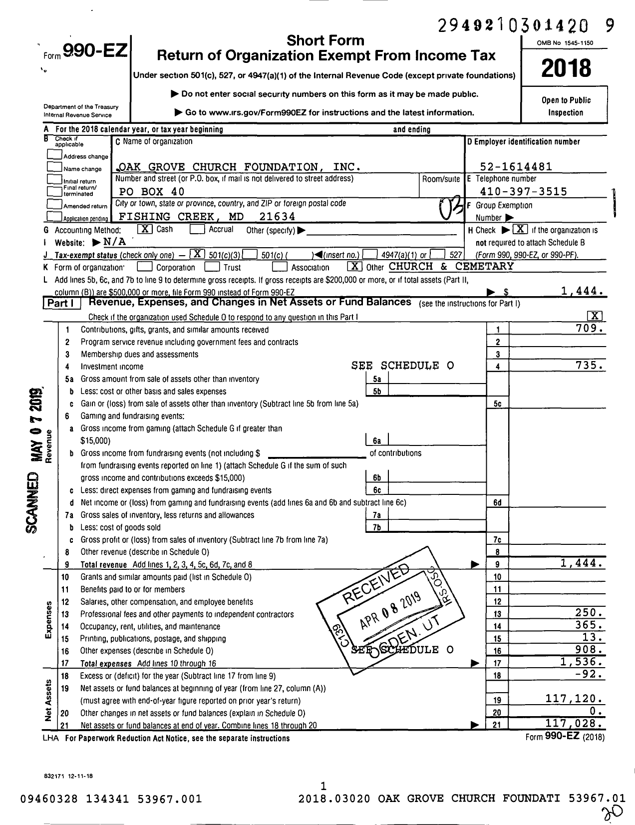 Image of first page of 2018 Form 990EZ for Oak Grove Church Foundation