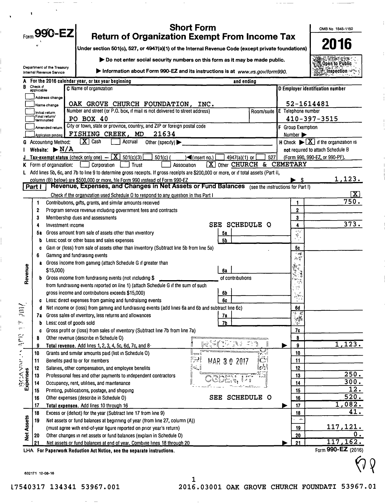 Image of first page of 2016 Form 990EZ for Oak Grove Church Foundation