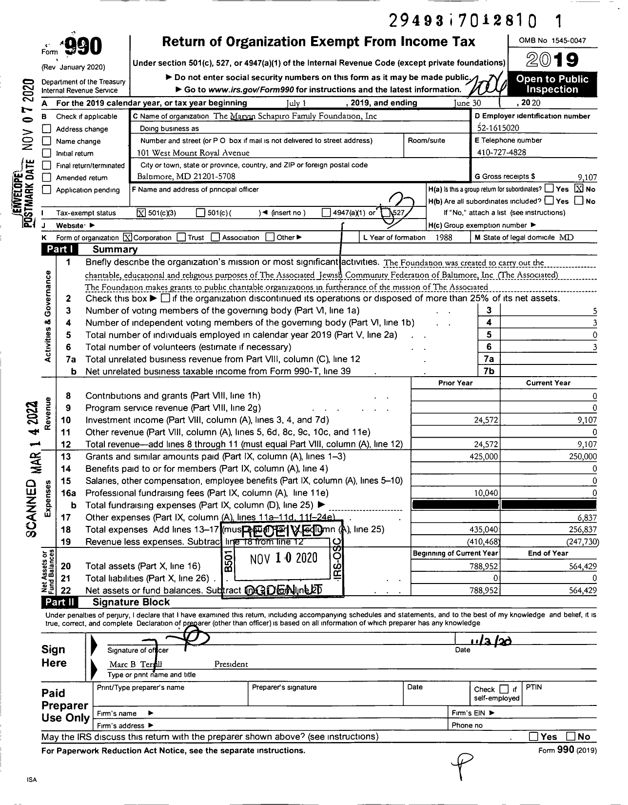 Image of first page of 2019 Form 990 for The Marvin Schapiro Family Foundation